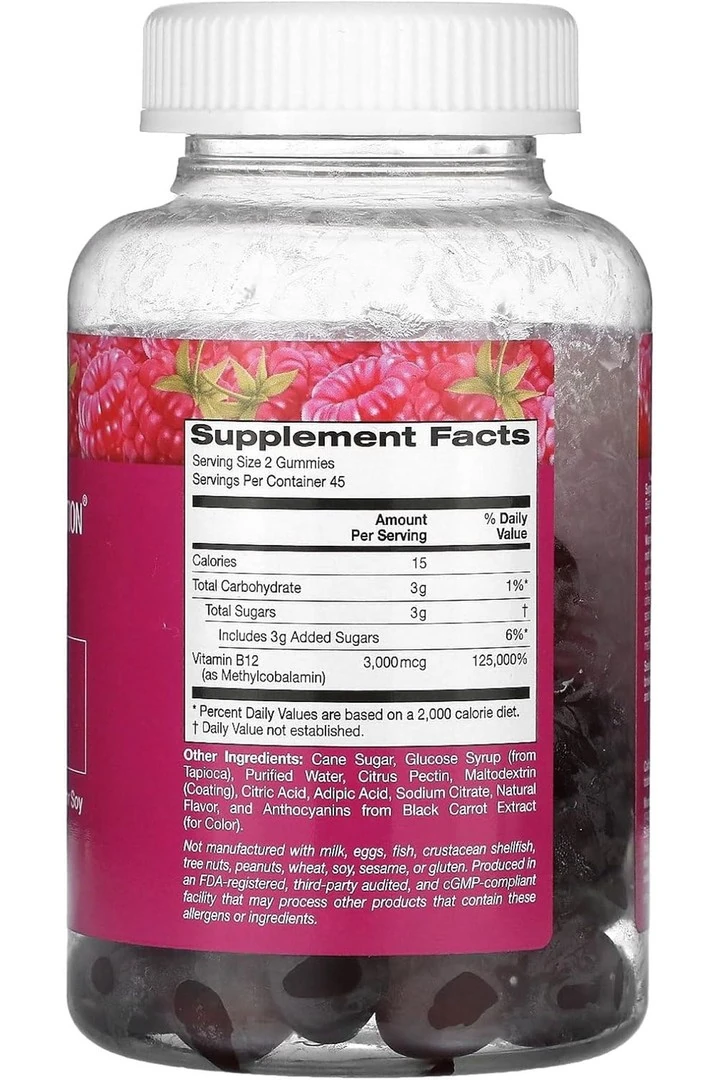 California Gold Nutrition, Vitamin B12 Gummies, Natural Raspberry, Gelatin Free, 3,000 mcg, 90 Gummies- İthal