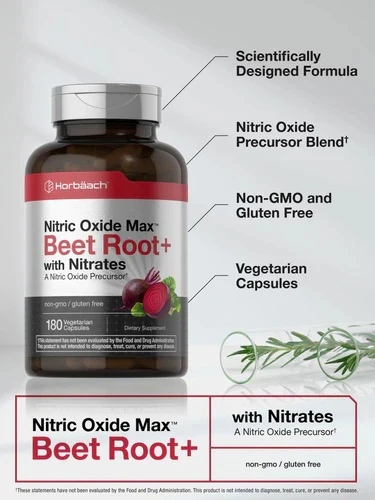 Nitric Oxide Max Beet Root+ with Nitrates | 180 Veg. Kapsül | precursor | Non-GMO & Gluten Free