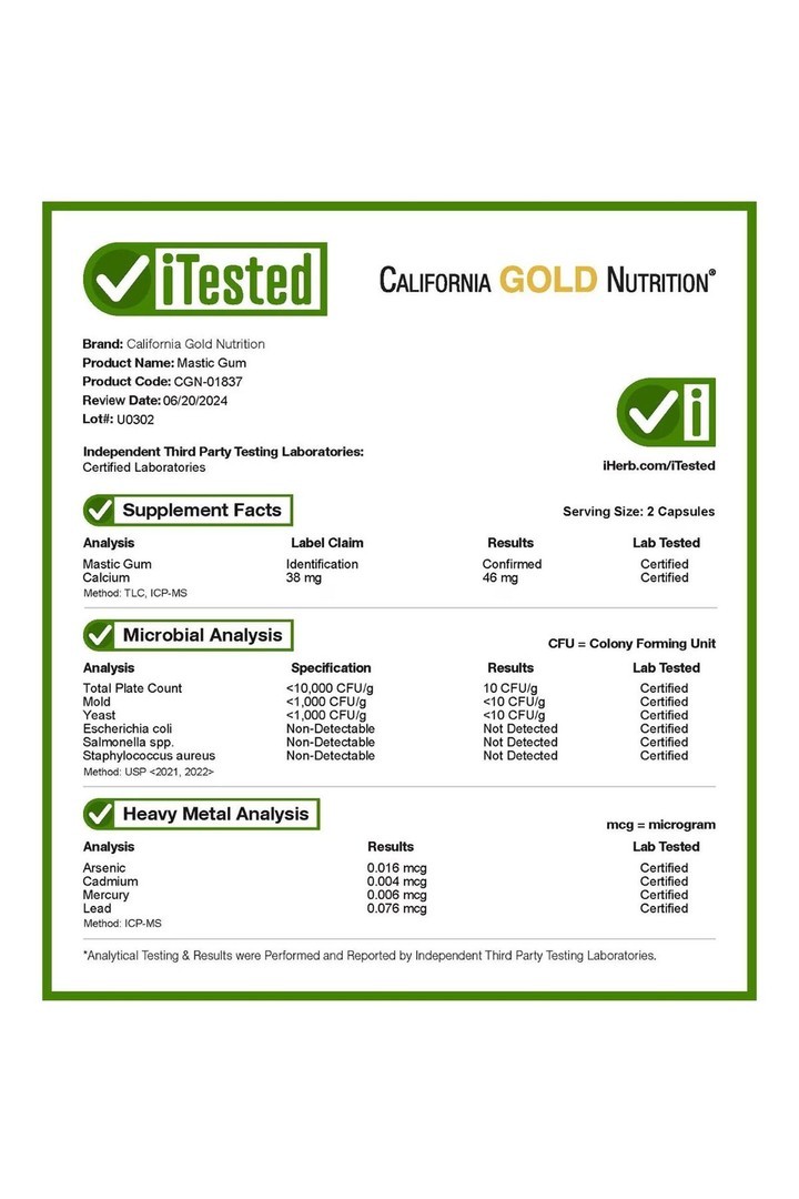 California Gold Nutrition, Mastic Gum, 500 mg, 60 Veggie Kapsül