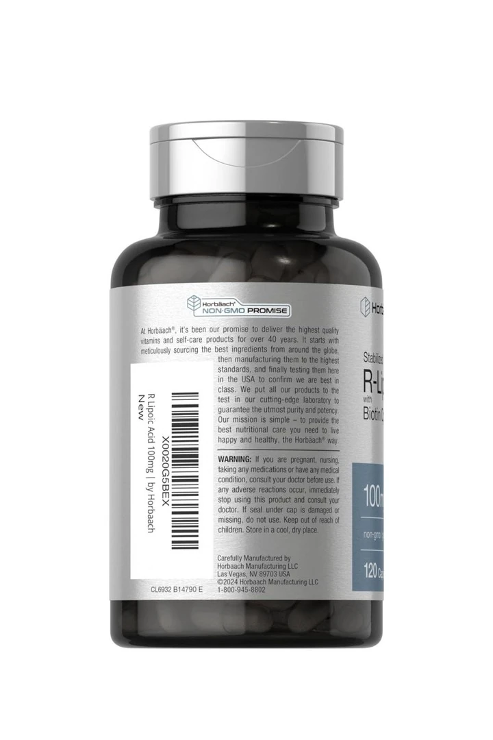 R-Lipoik Asit 100 mg | 120 Kapsül | Biyotin İyileştiricili | GDO'suz, Glutensiz |