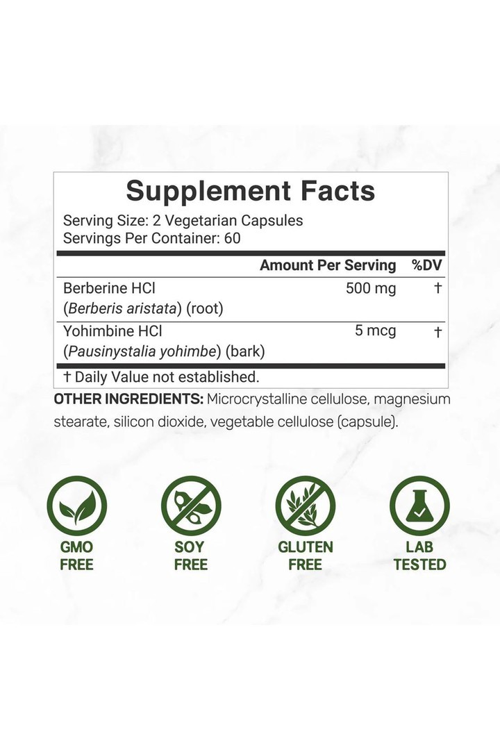 Berberine Supplement with Yohimbi.ne., 500mg Per Serving, 120 Veggie Capsules