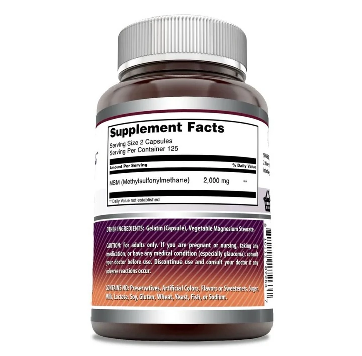 MSM (Methylsulfonylmethane) Supplement | 2000 Mg Per Serving | Capsules | 250 Kapsül