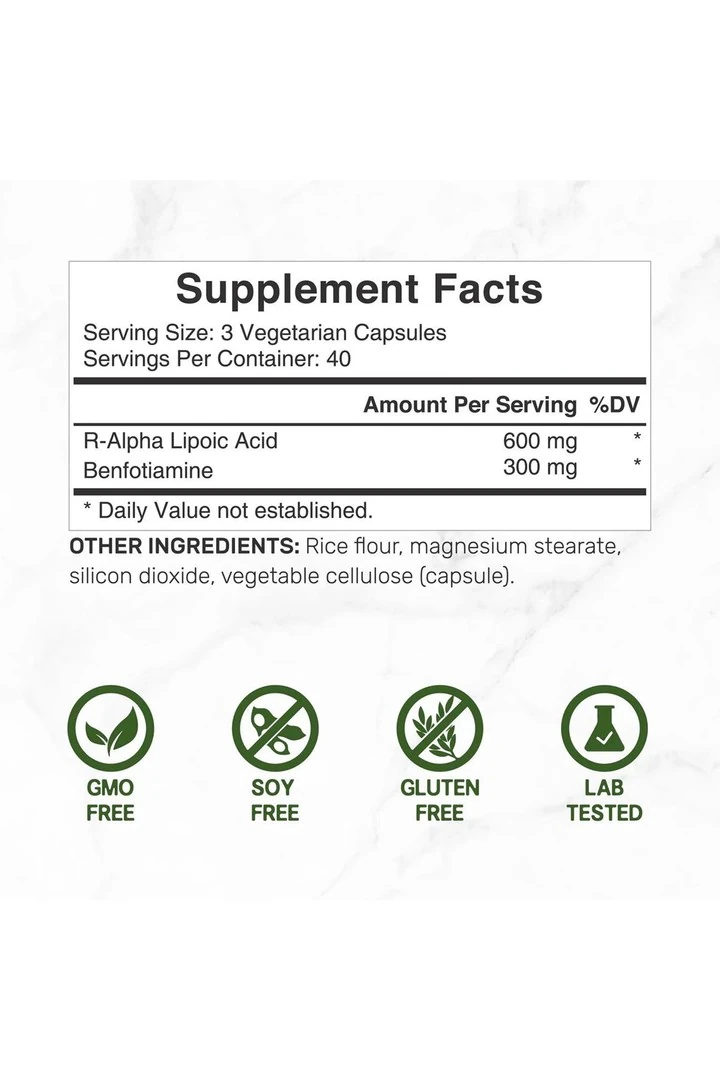 R Alpha Lipoic Acid 600mg with Benfotiamine 300mg Per Serving, 120 Veggie Capsules