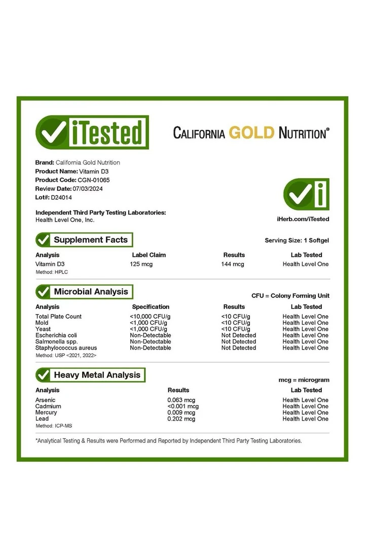 California Gold Nutrition, Vitamin D3, 125 mcg (5,000 IU), 90 Fish Gelatin Softgels