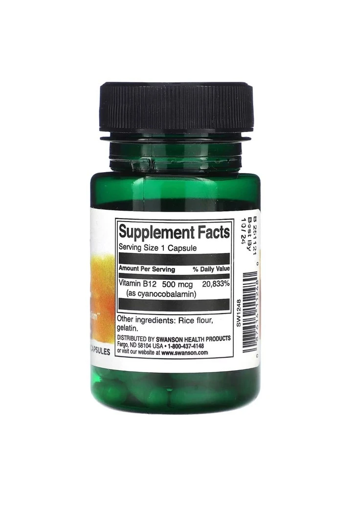 Swanson, Vitamin B12 Cyanocobalamin, 500 Mcg, 30 Kapsül