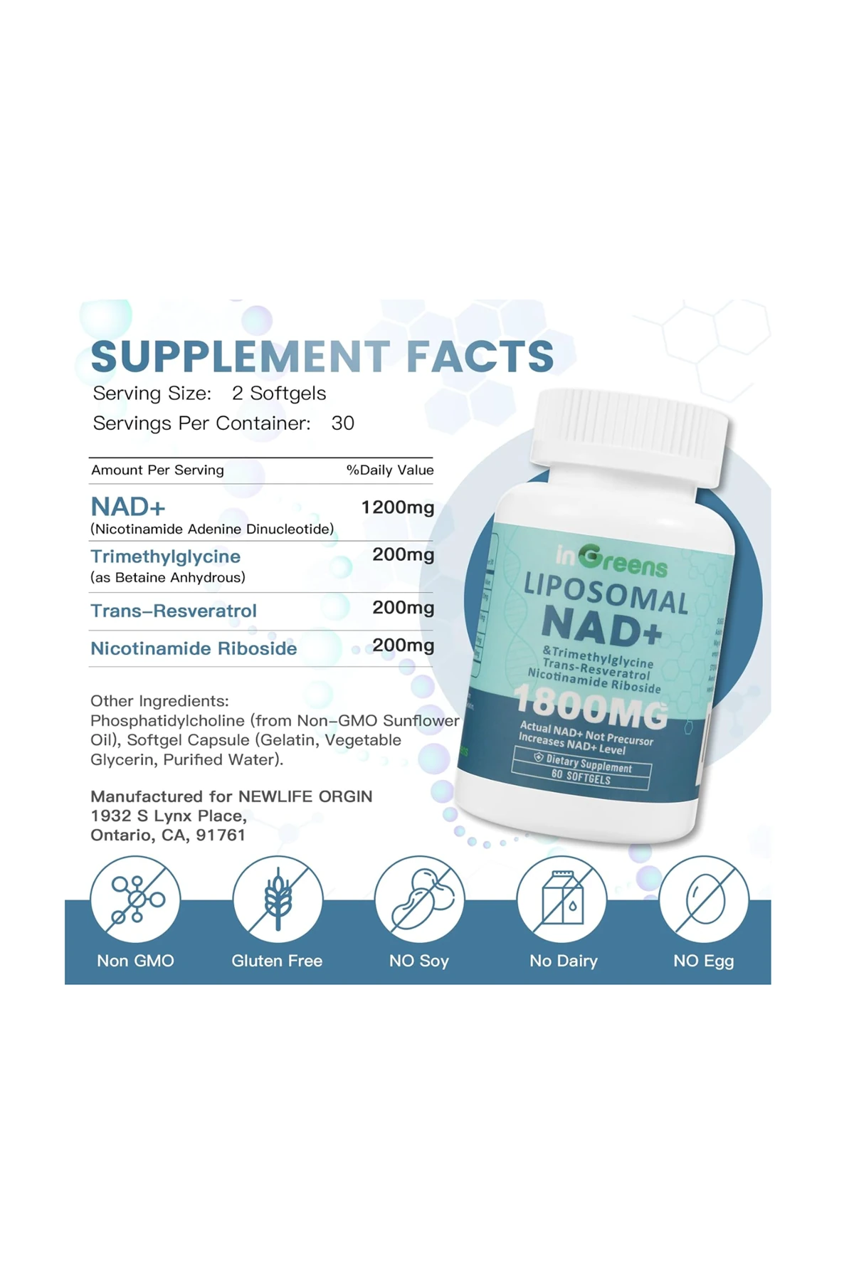 Liposomal NAD+ 1800 mg with Nicotinamide Riboside, Trans Resveratrol Cellular Energy - 60 Softgels