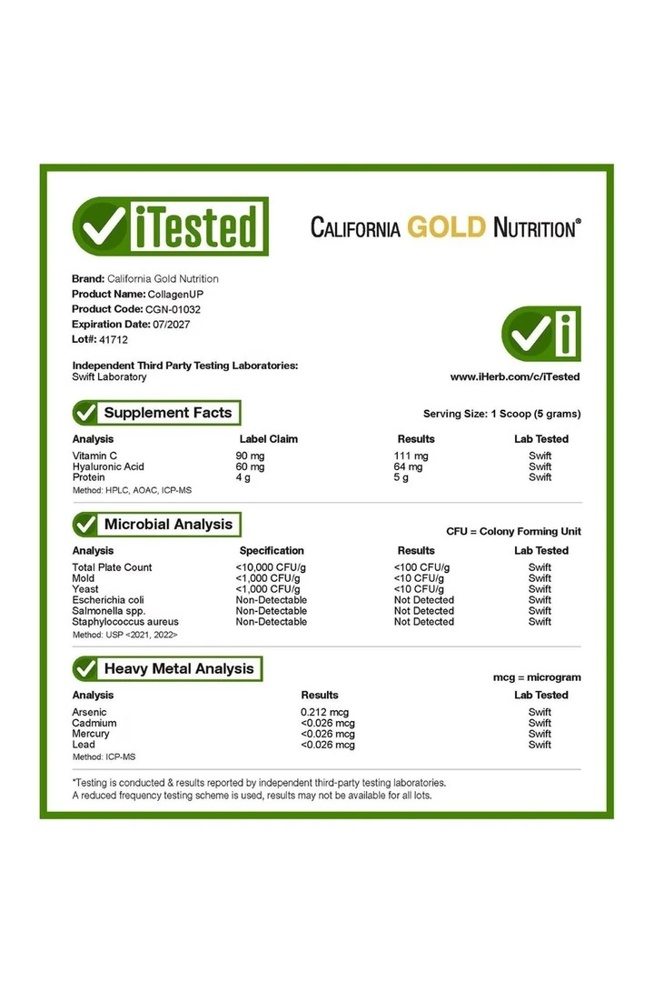 California Gold Nutrition, CollagenUP, Hiyalüronik Asit ve C Vitamini İçeren Hidrolize Balık Kolajeni Peptitleri, Aromasız, 464 g (16,37 oz)
