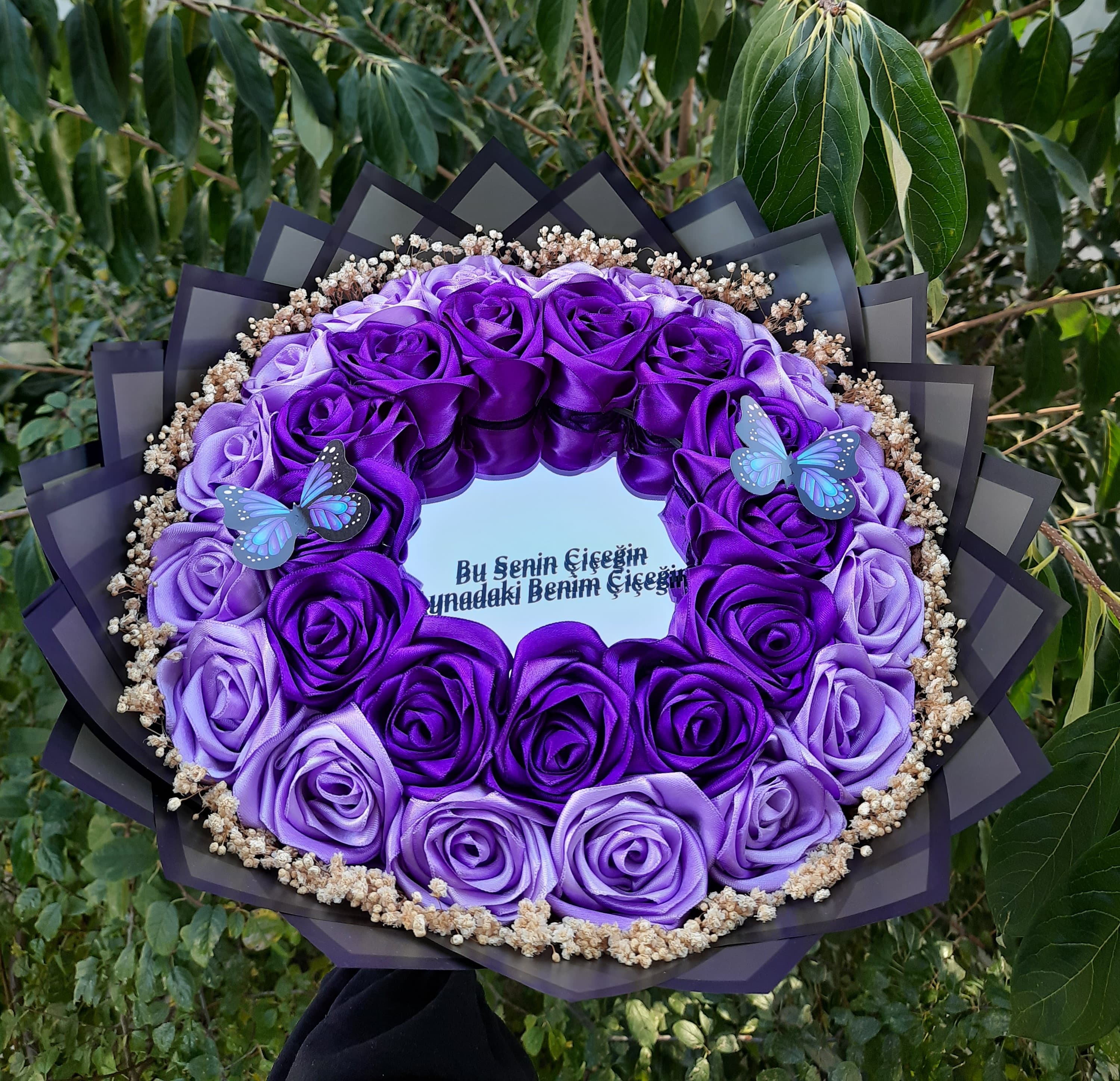 Çift Kat Büyük Boy Çift renk - Ledli - Kelebekli Aynalı Solmayan gül buketi MOR-LİLA
