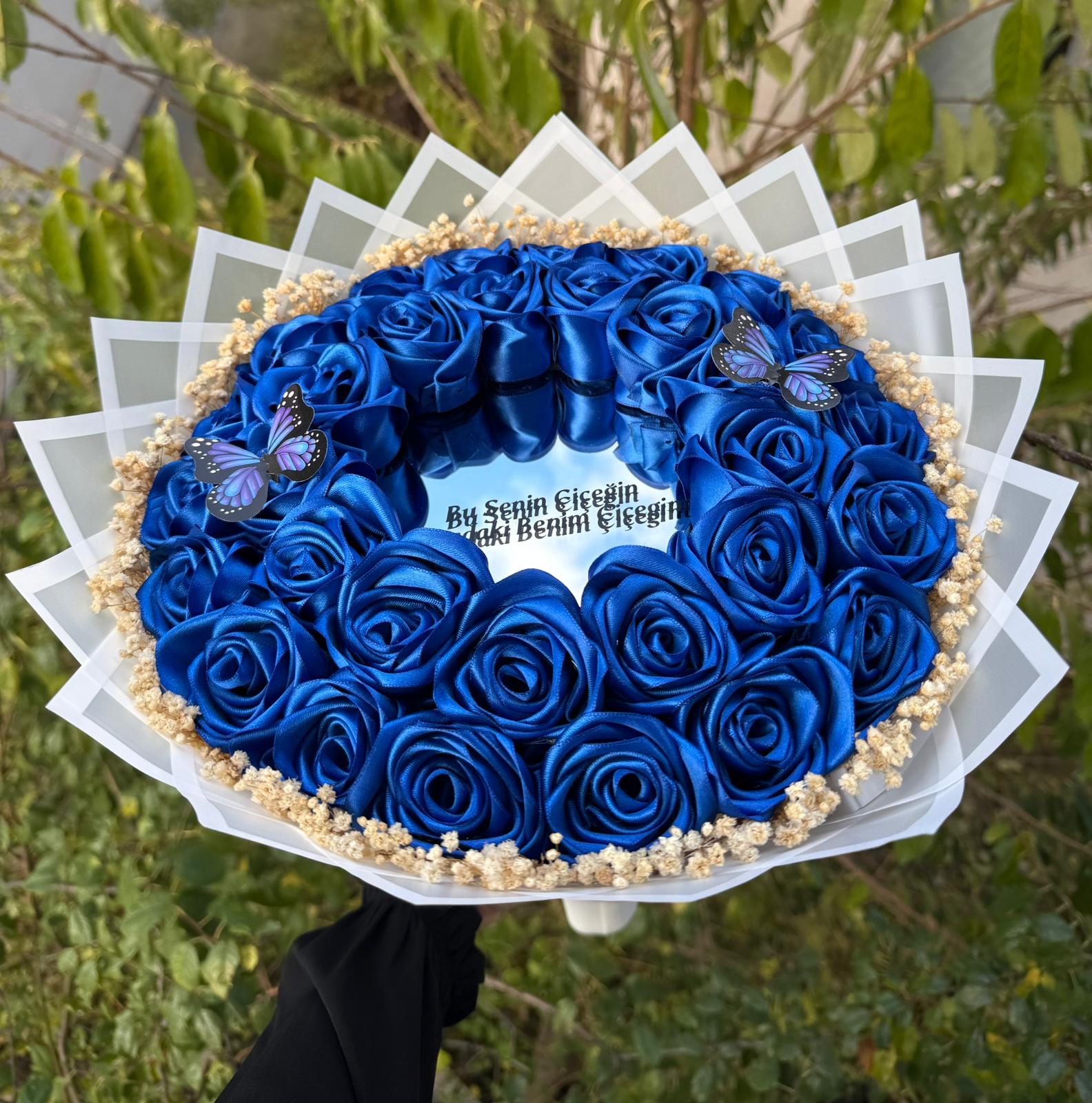 AYNALI ÇİFT KAT MAVİ GÜL - KENAR SÜSLÜ - KELEBEKLİ - LED IŞIKLI 