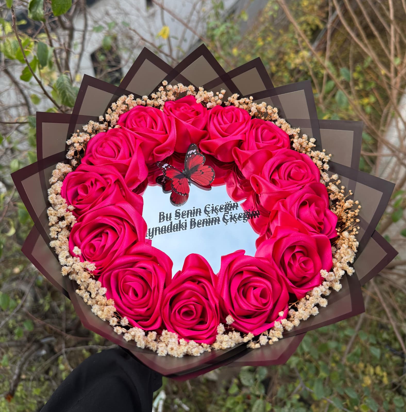 AYNALI LEDLİ YAZILI SOLMAYAN GÜL BUKETİ FUŞYA PEMBE - İSTENİLEN RENK YAPILIR