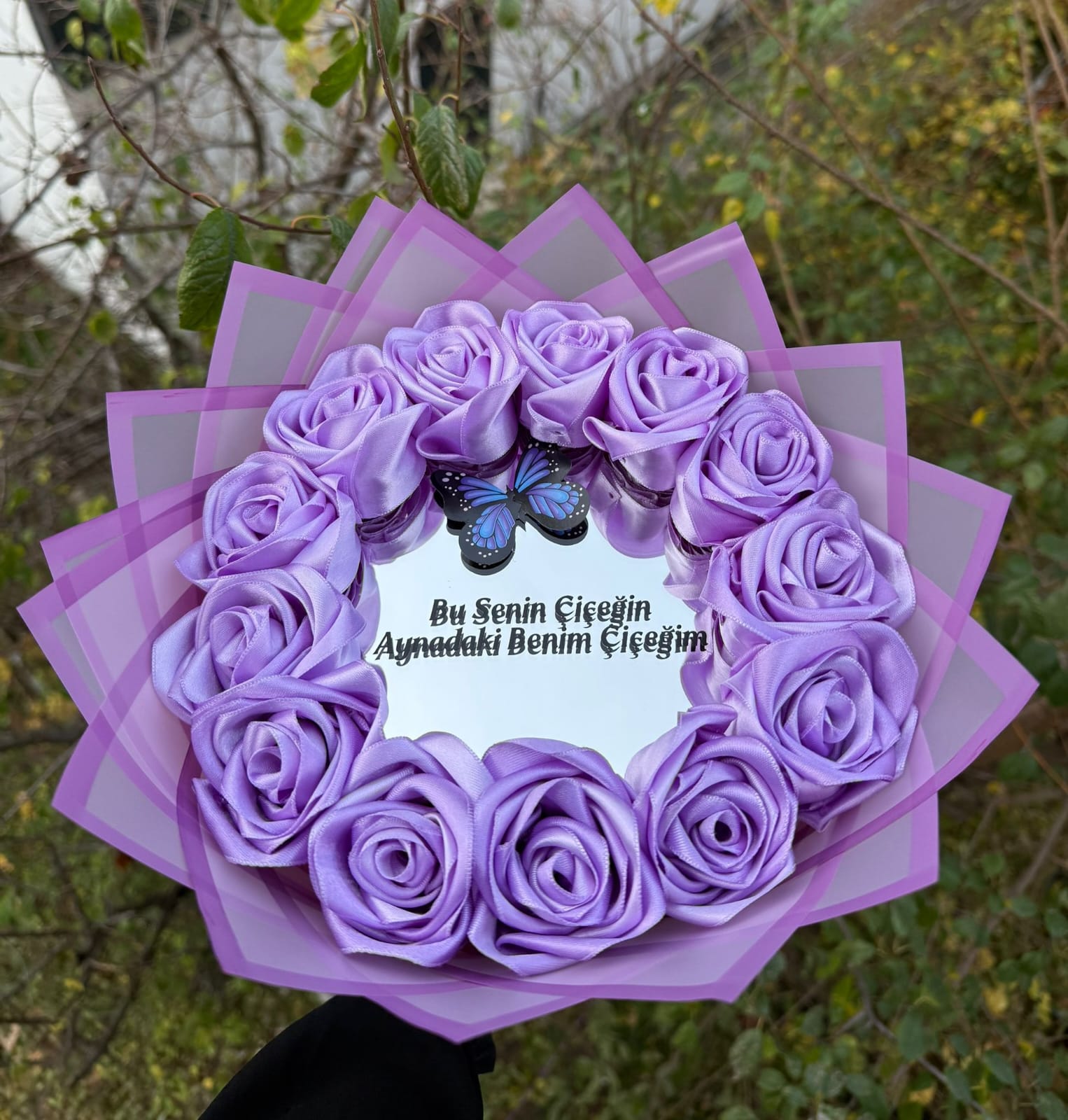 AYNALI LEDLİ YAZILI SOLMAYAN GÜL BUKETİ LİLA GÜL DIŞI LİLA - İSTENİLEN RENK YAPILIR