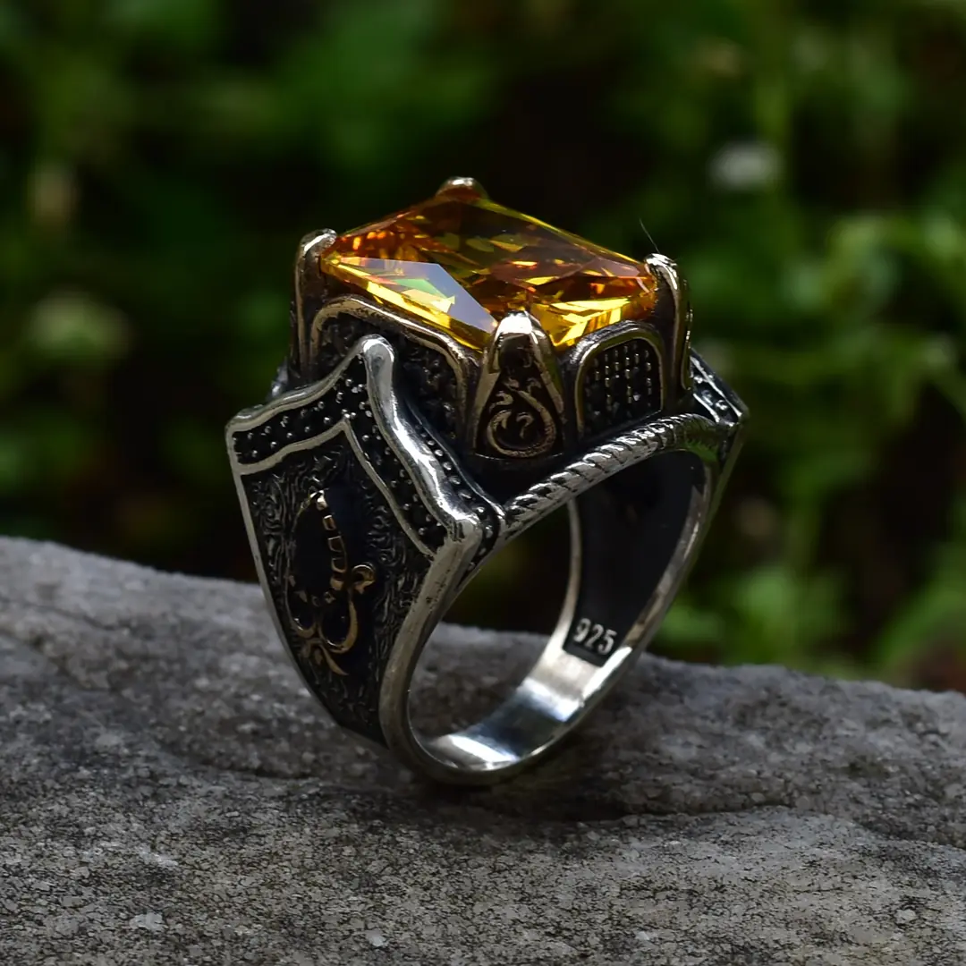 Citrine Taşlı El Yapımı Özel Tasarım Gümüş Erkek Yüzük