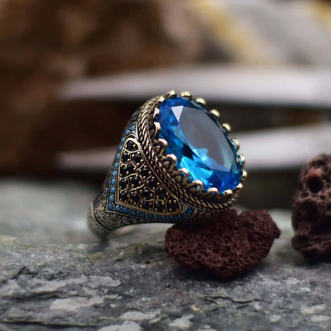 Blue Topaz Taşlı El Yapımı Gümüş Erkek Yüzük