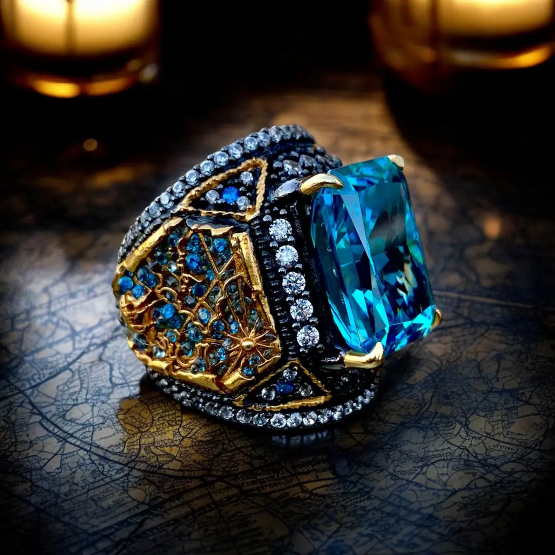 Blue Topaz Taşlı Özel Butik Tasarım El Yapımı Unisex Gümüş Yüzük