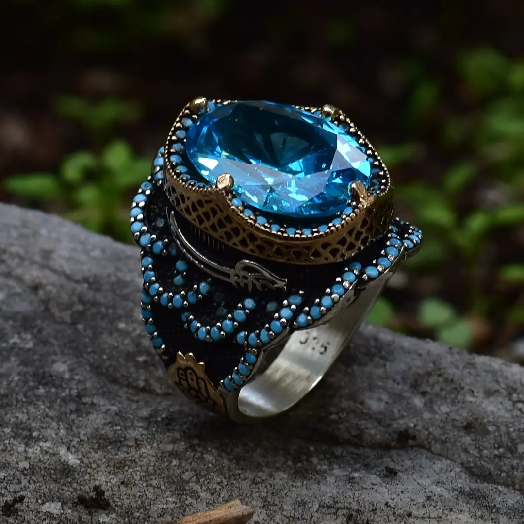 Blue Zirkon Taşlı El Yapımı Özel Tasarım Gümüş Erkek Yüzük