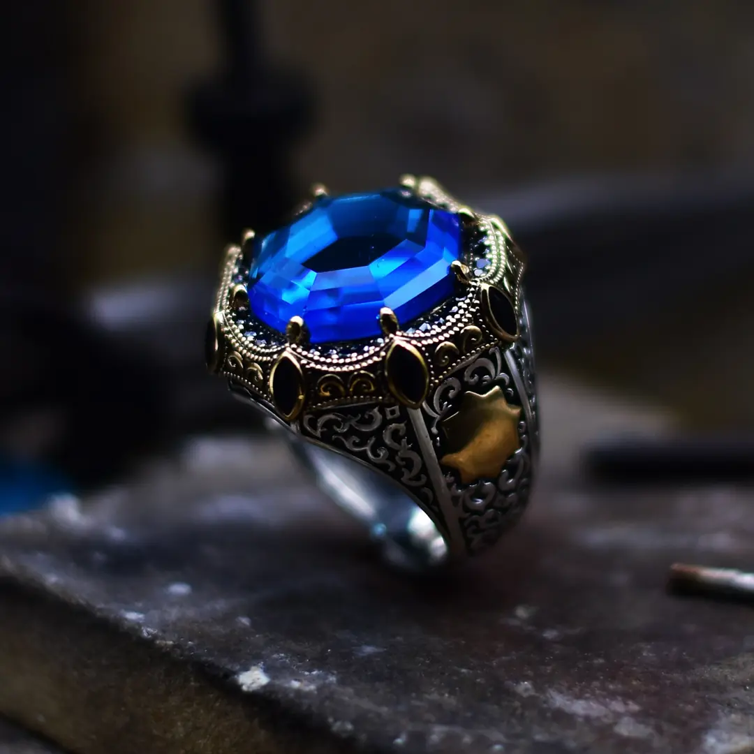 Blue Topaz Taşlı El Yapımı Gümüş Erkek Yüzüğü