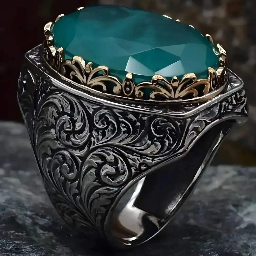 Yeşil Paraiba Taşlı El Yapımı Gümüş Erkek Yüzük