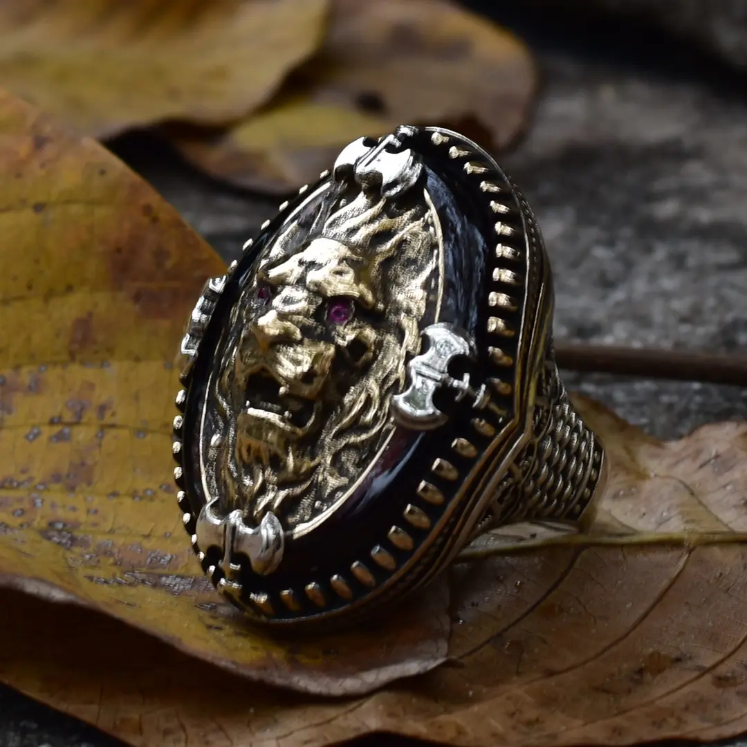 Aslan Temalı Dev Boy El Yapımı Özel Tasarım Gümüş Erkek Yüzük