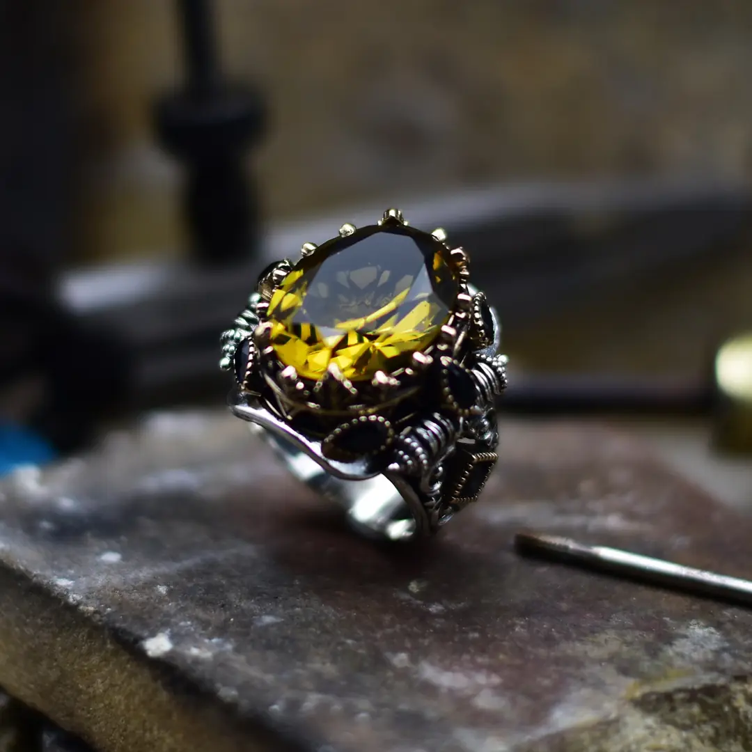 Citrine Taşlı El Yapımı Gümüş Erkek Yüzük