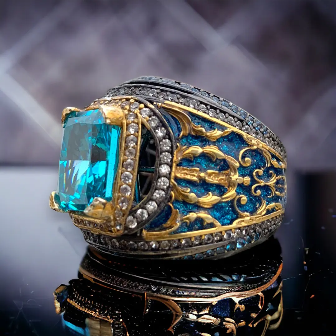 Blue Topaz Zirkon Altın Rodaj Kaplama El Yapımı Özel Üretim Gümüş Yüzük