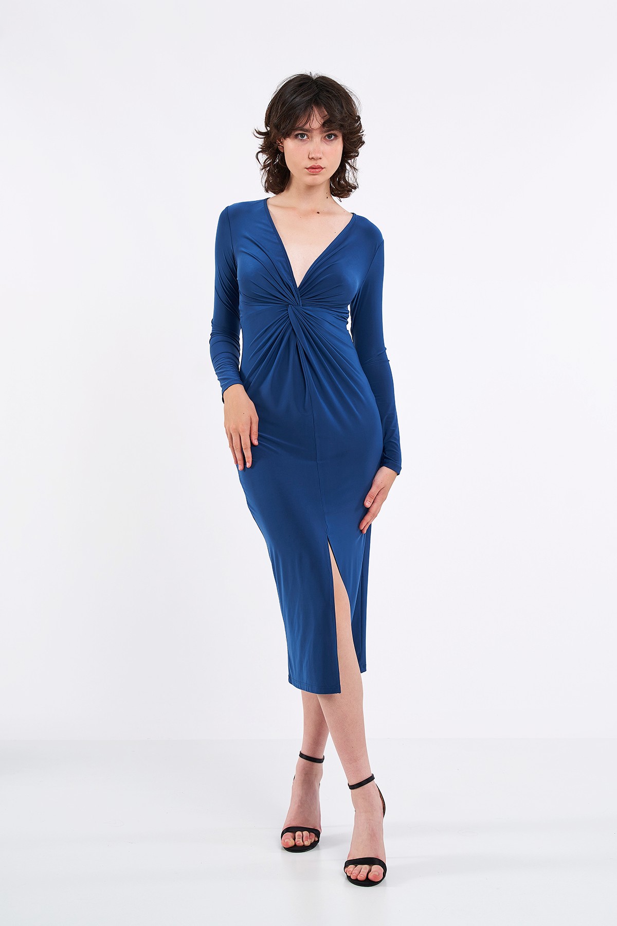 v Yaka  Uzun Kol Elbise  - Mavi