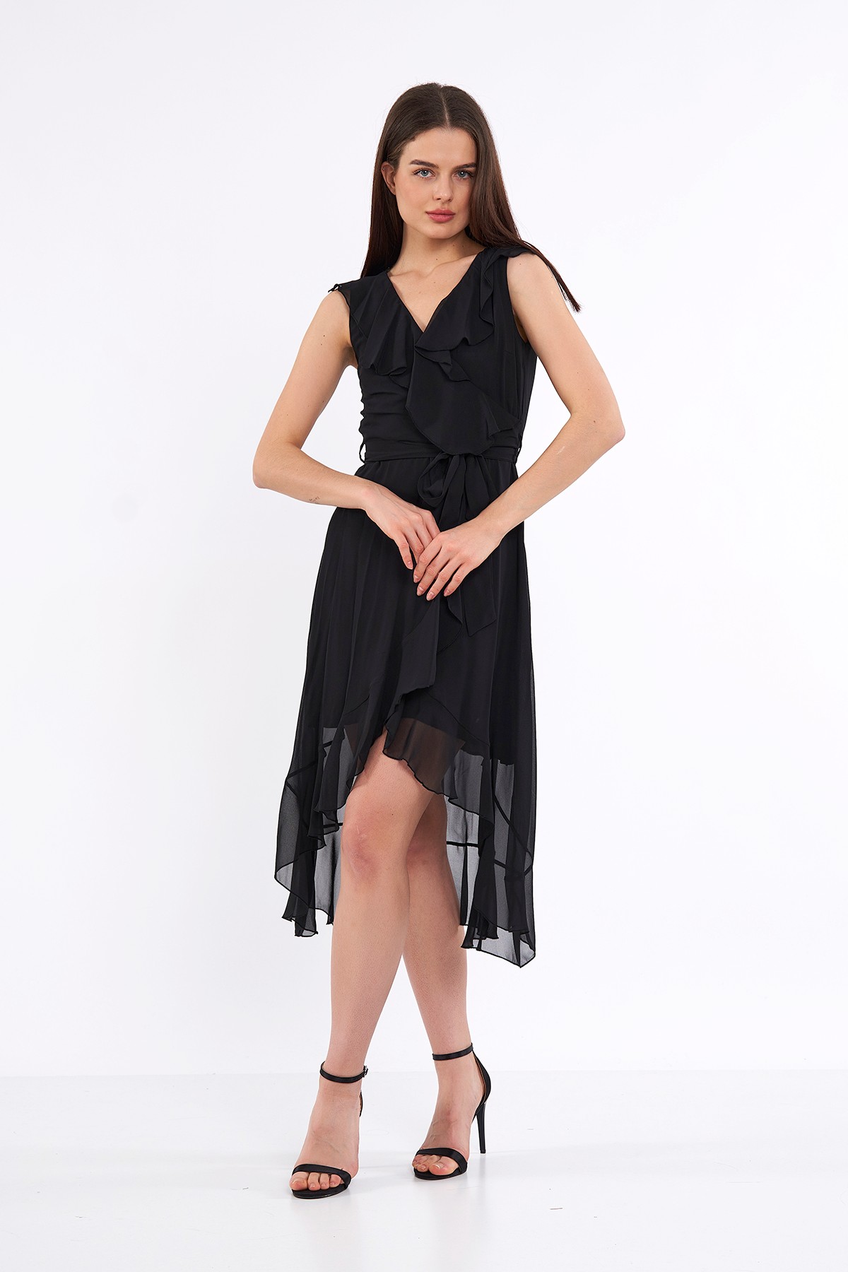 Şifon Sıfır Kollu Beli Lastikli Elbise - Siyah