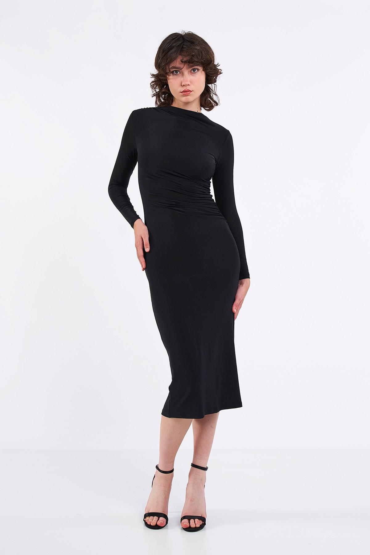 Büzgülü Uzun Kol Paola Elbise  - Siyah