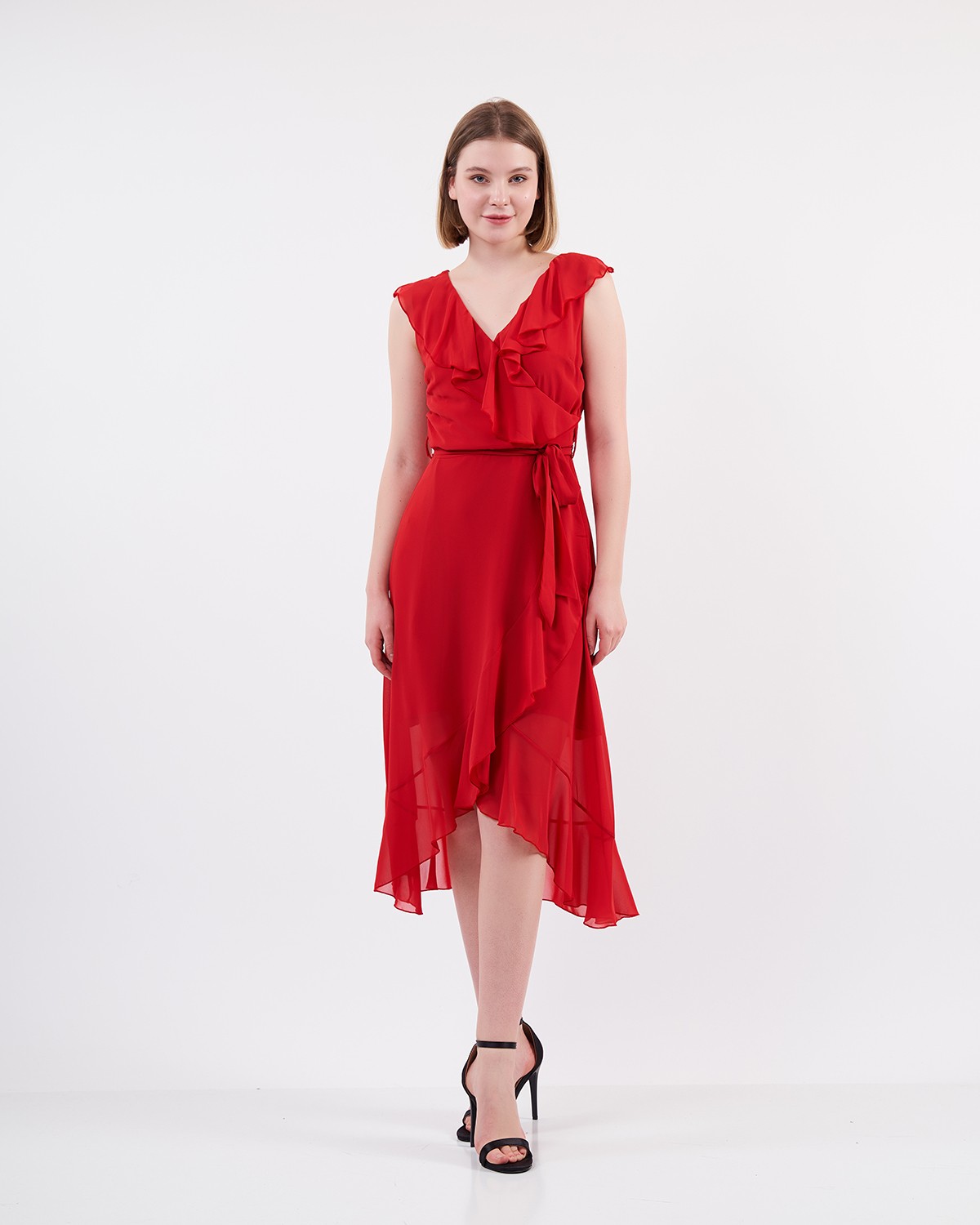 Şifon Sıfır Kollu Beli Lastikli Elbise - Kırmızı