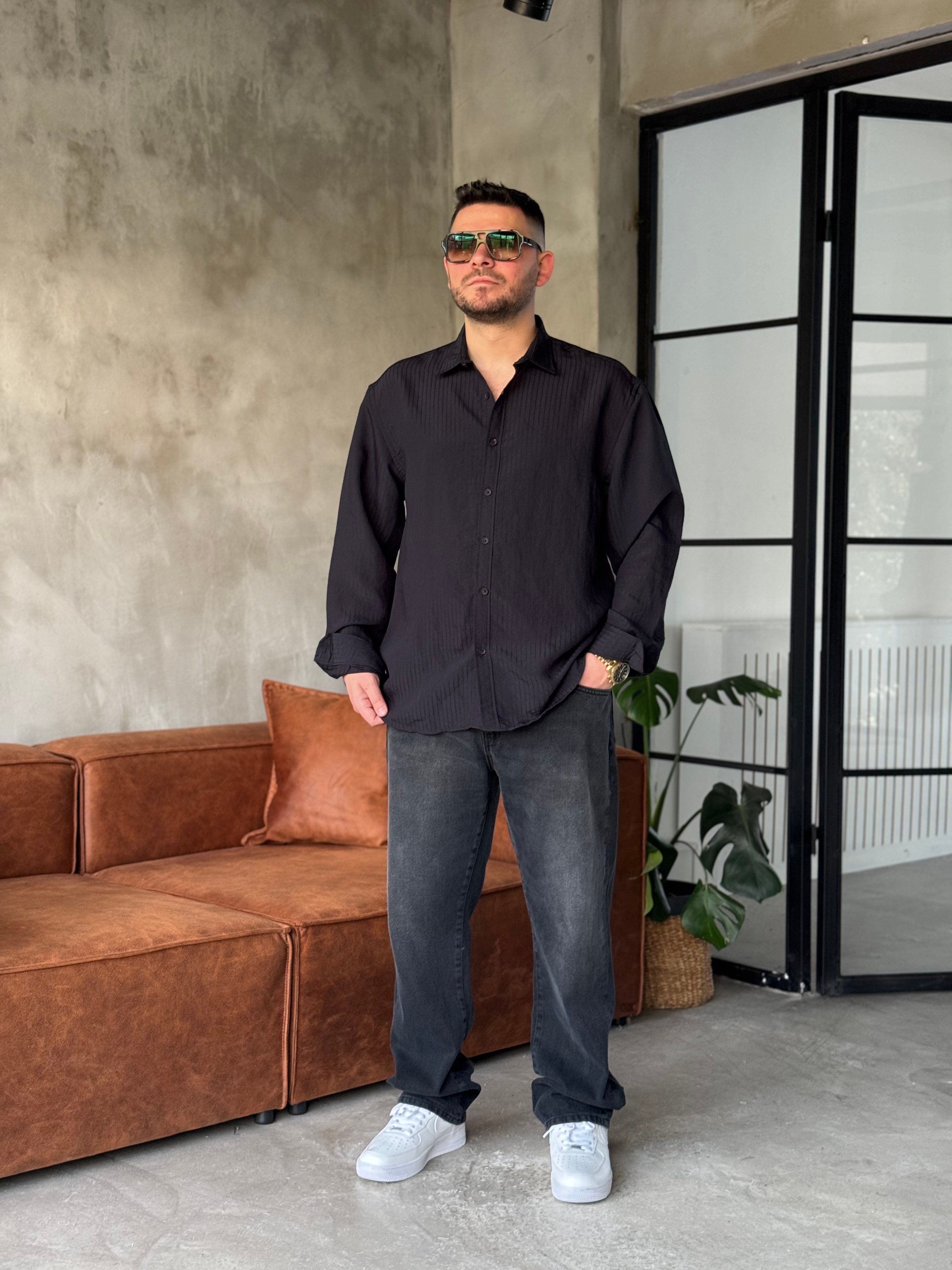 Siyah Çizgili Tensel Kumaş Oversize Gömlek