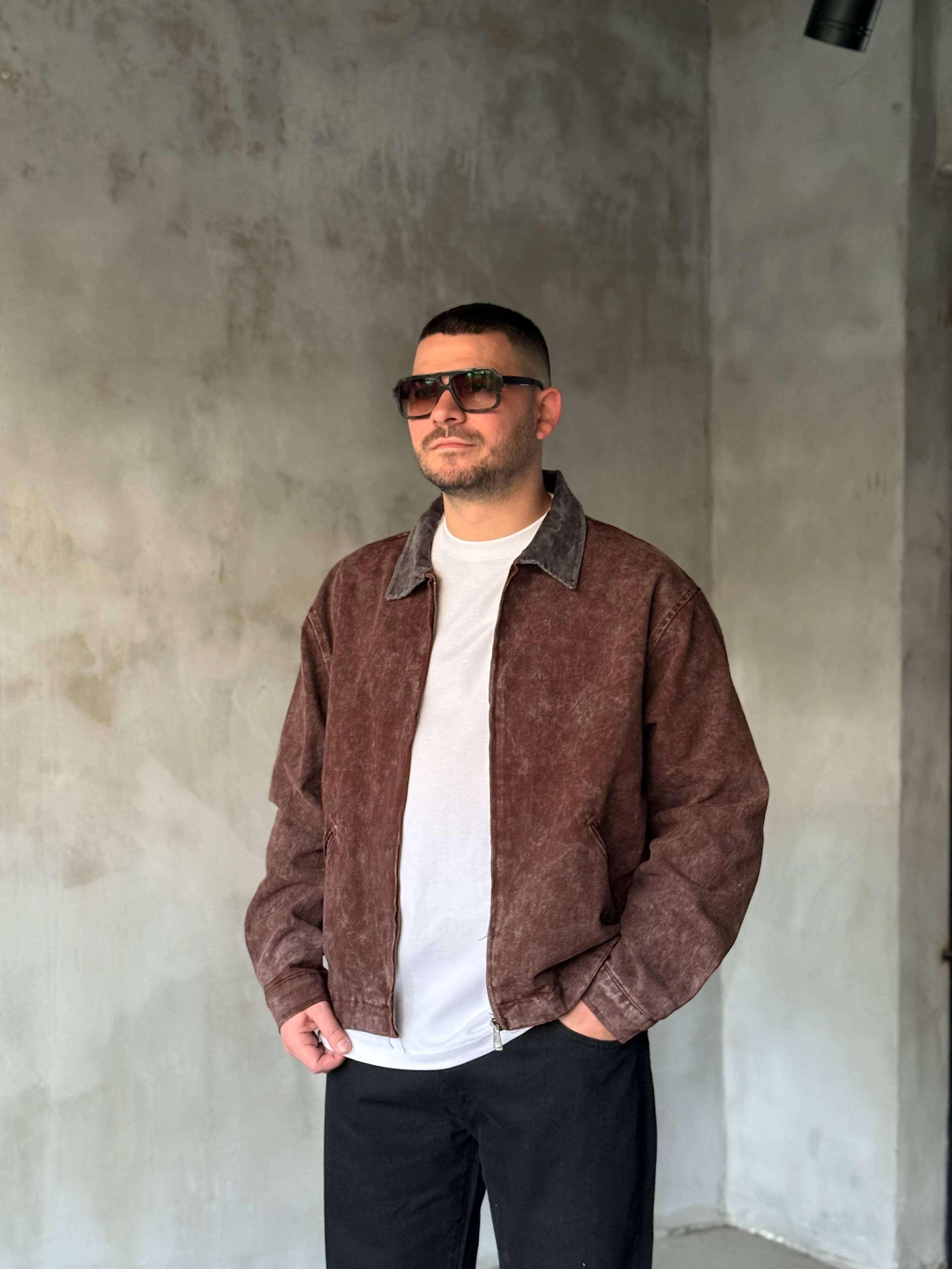 Kahverengi Yıkamalı Ekose Detaylı Kot Ceket