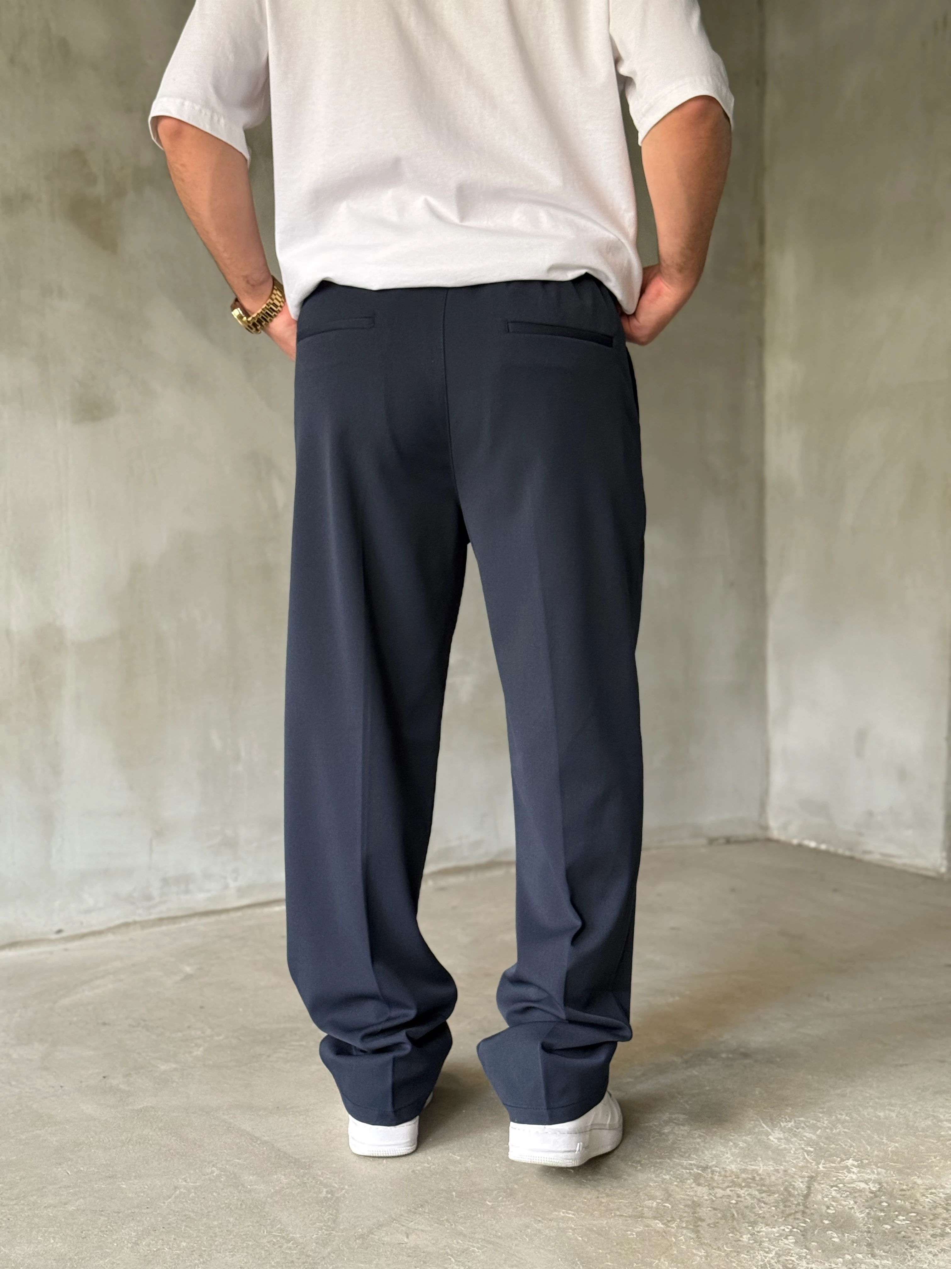 Lacivert Pileli Kışlık Kumaş Baggy Pantolon