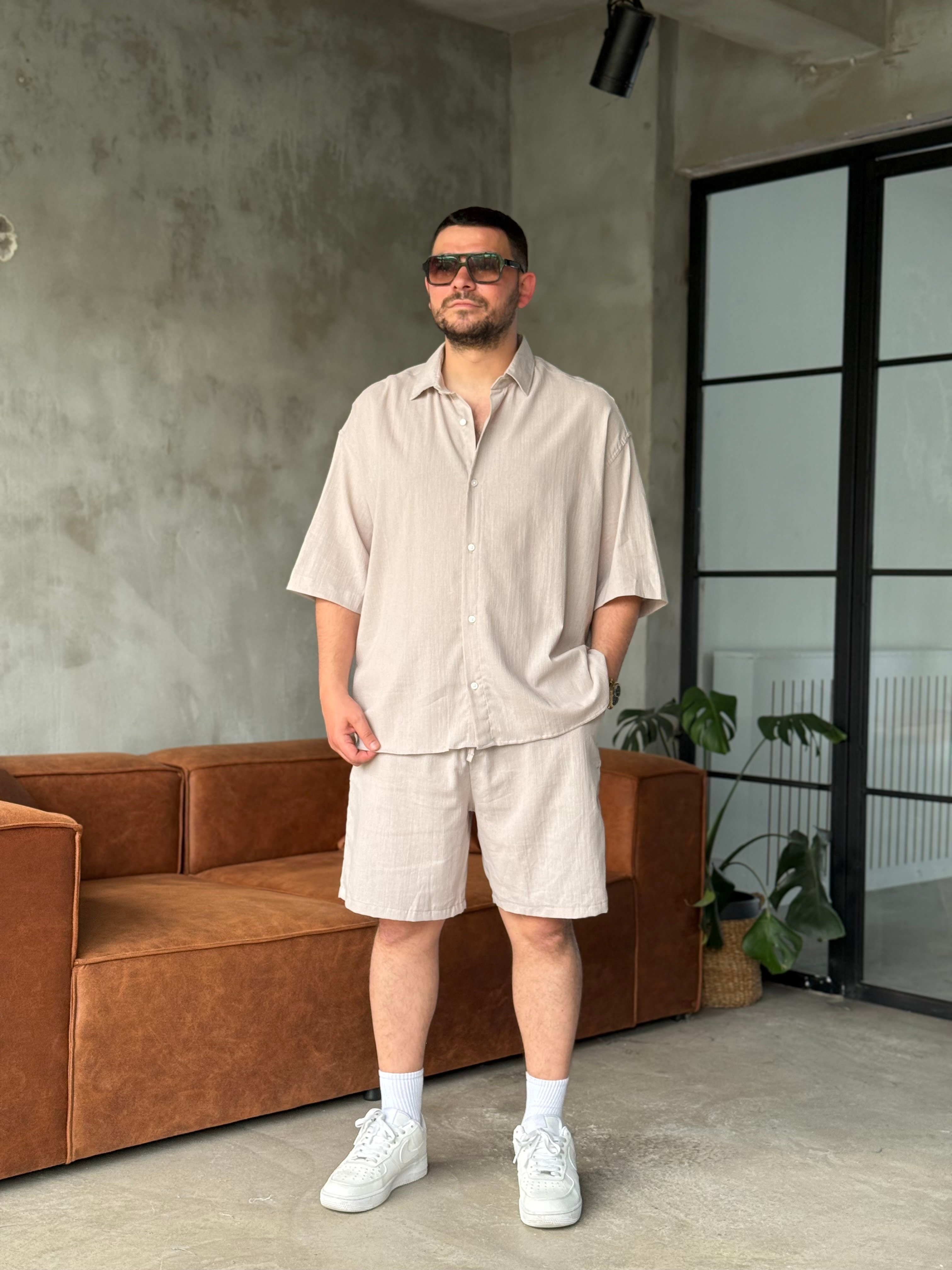 Gri Oversize Şortlu Keten Takım