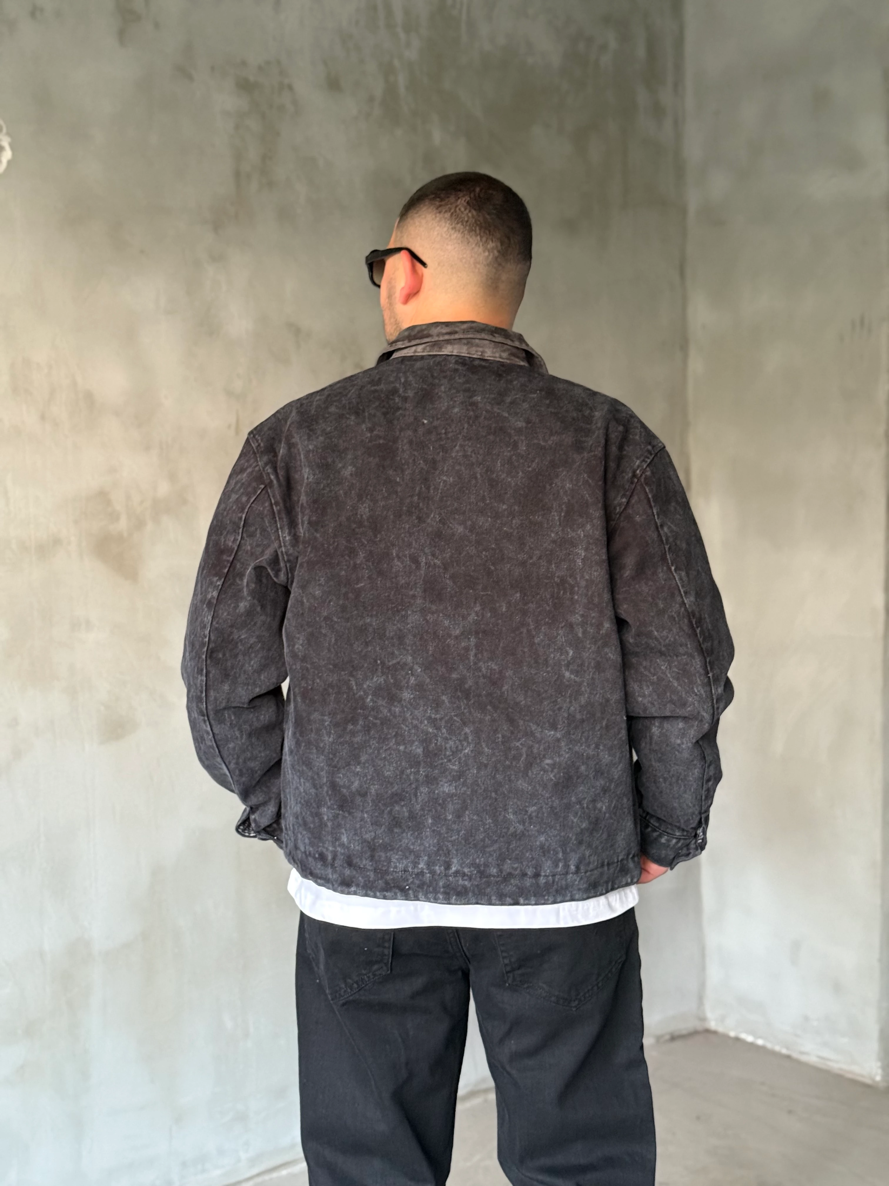 Siyah Yıkamalı Ekose Detaylı Kot Ceket