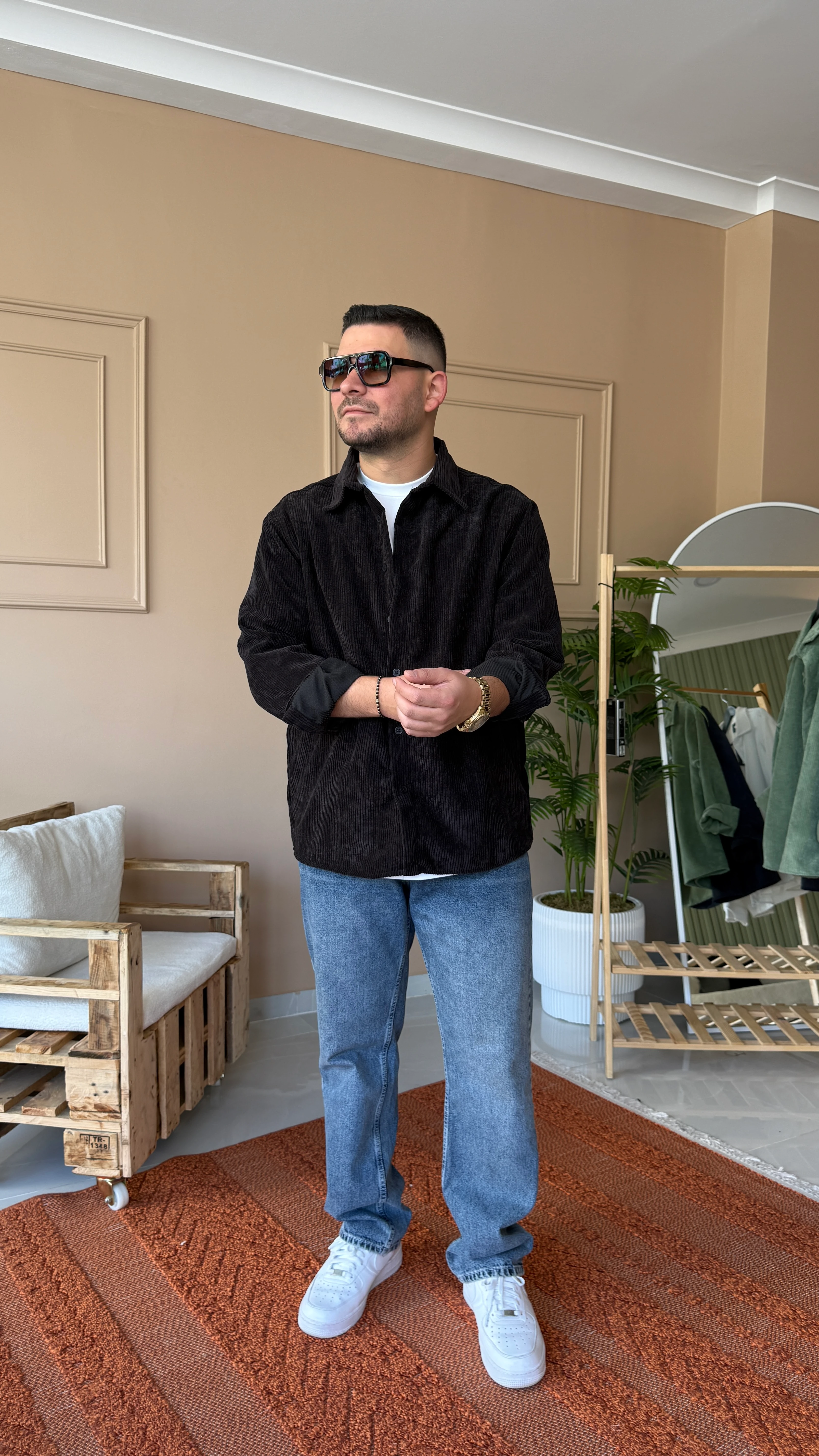 Siyah Oversize Kadife Gömlek