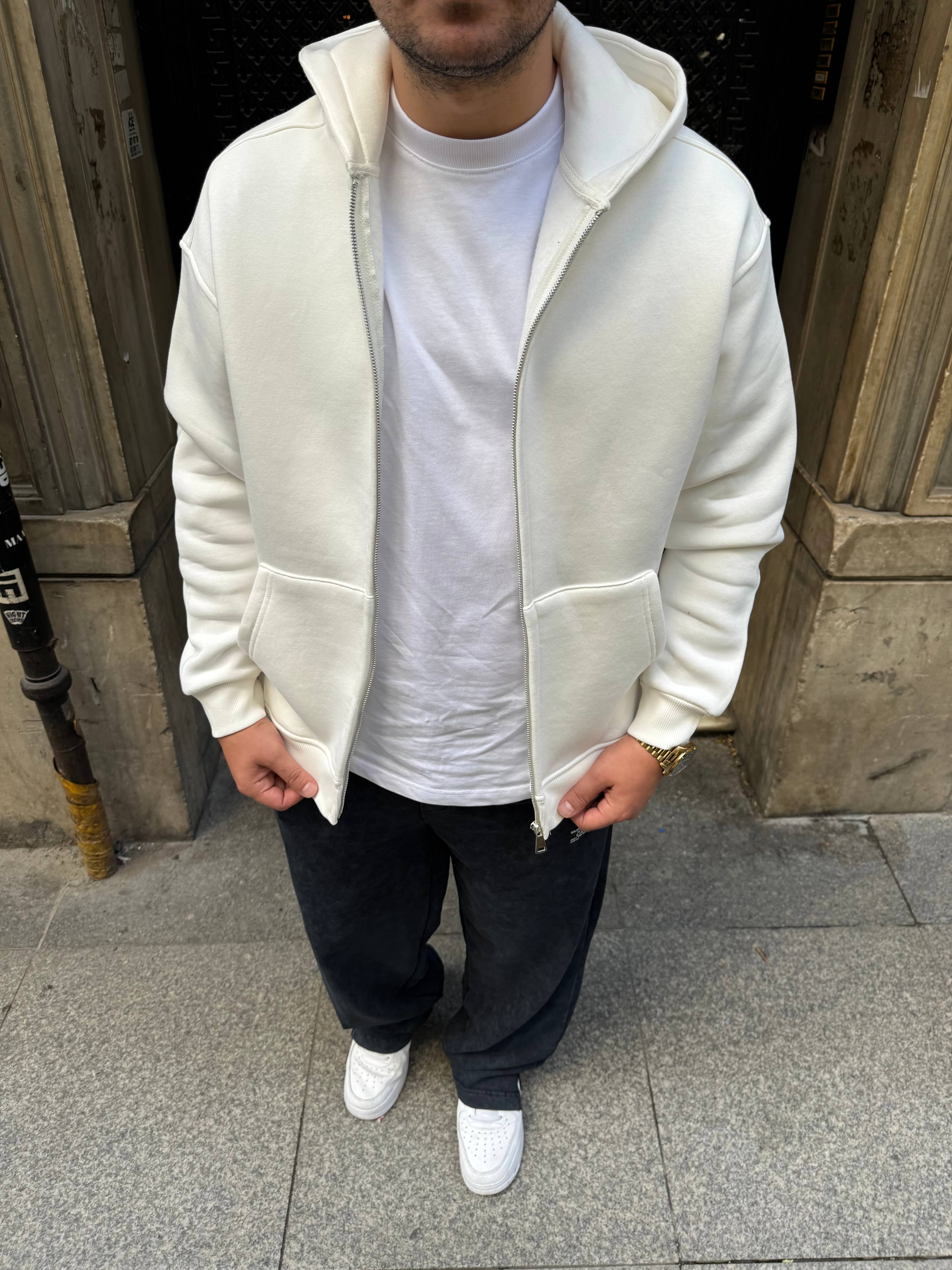 Beyaz Oversize Şardonlu Kapüşonlu Polar