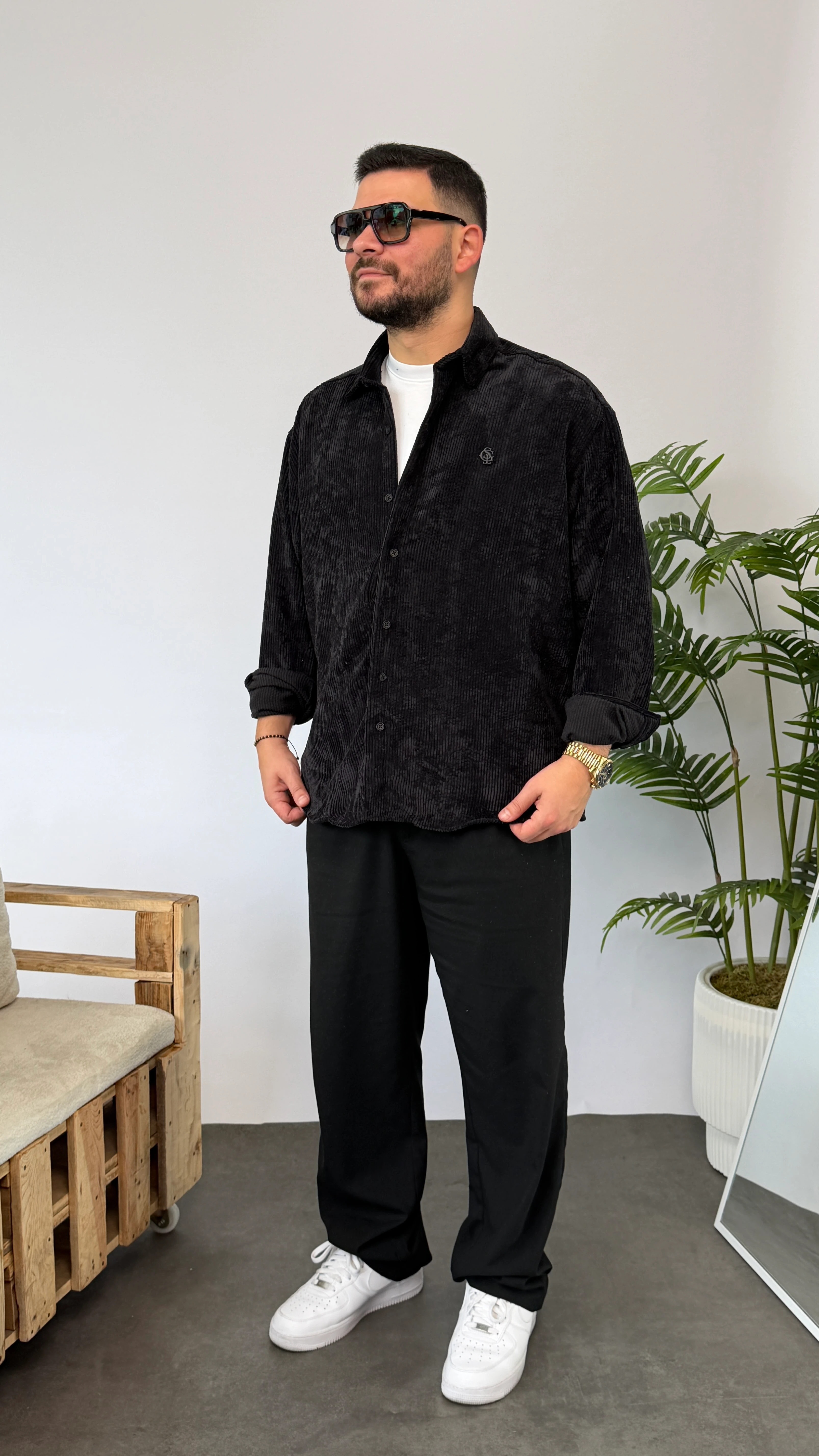 Giesto Siyah Kadife Oversize Gömlek