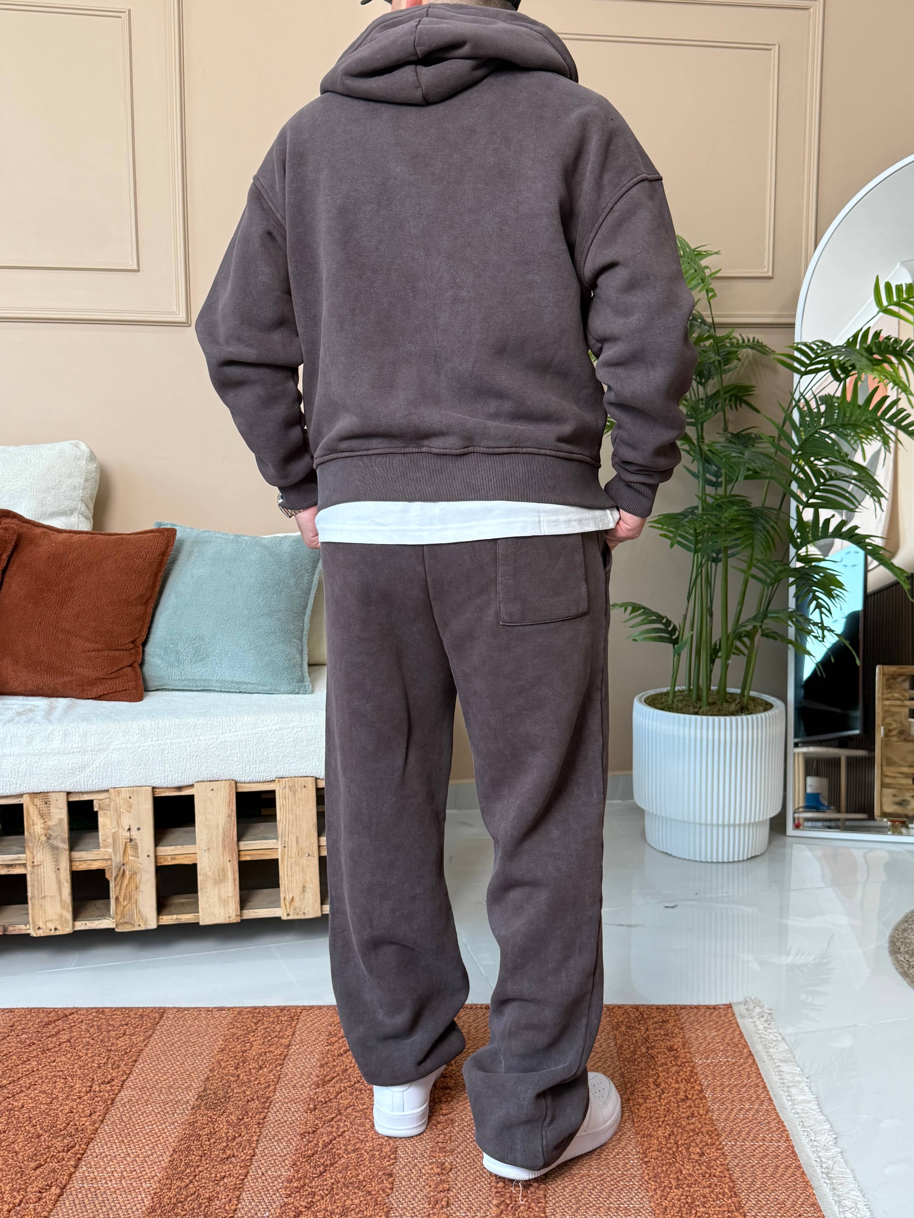 Yıkamalı Siyah Oversize Tam Fermuarlı Şardonlu Eşofman Takımı