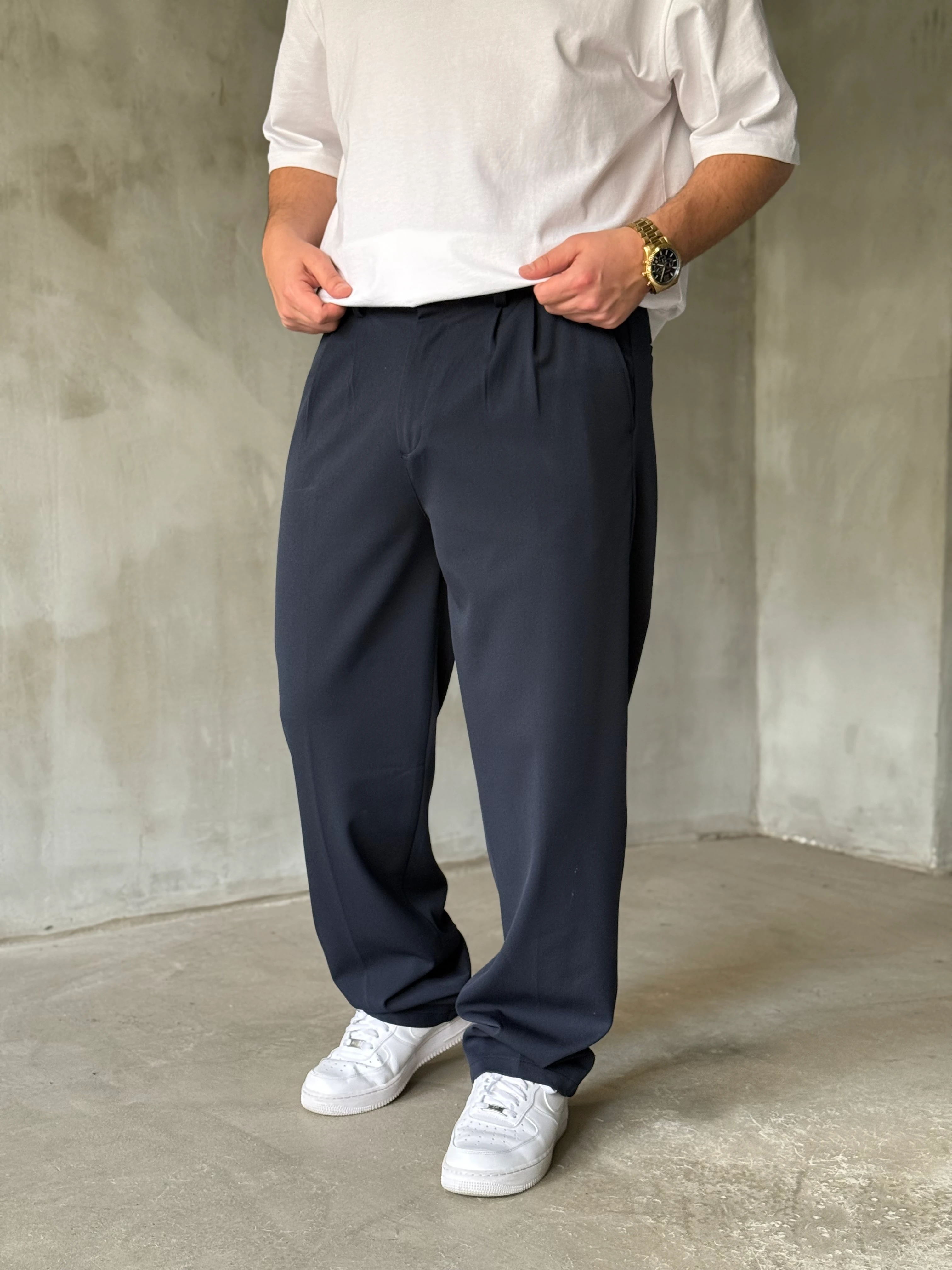 Lacivert Pileli Kışlık Kumaş Baggy Pantolon