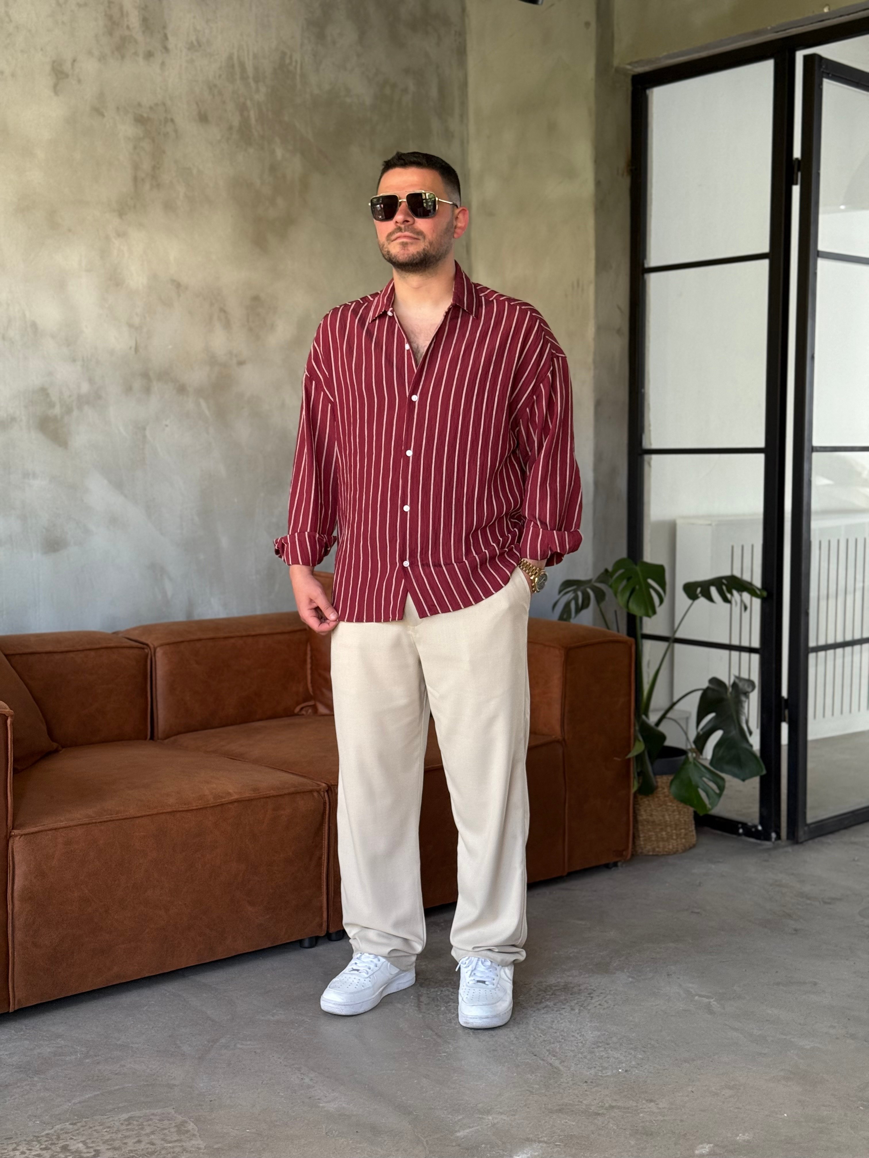 Bordo Çizgili Oversize Gömlek