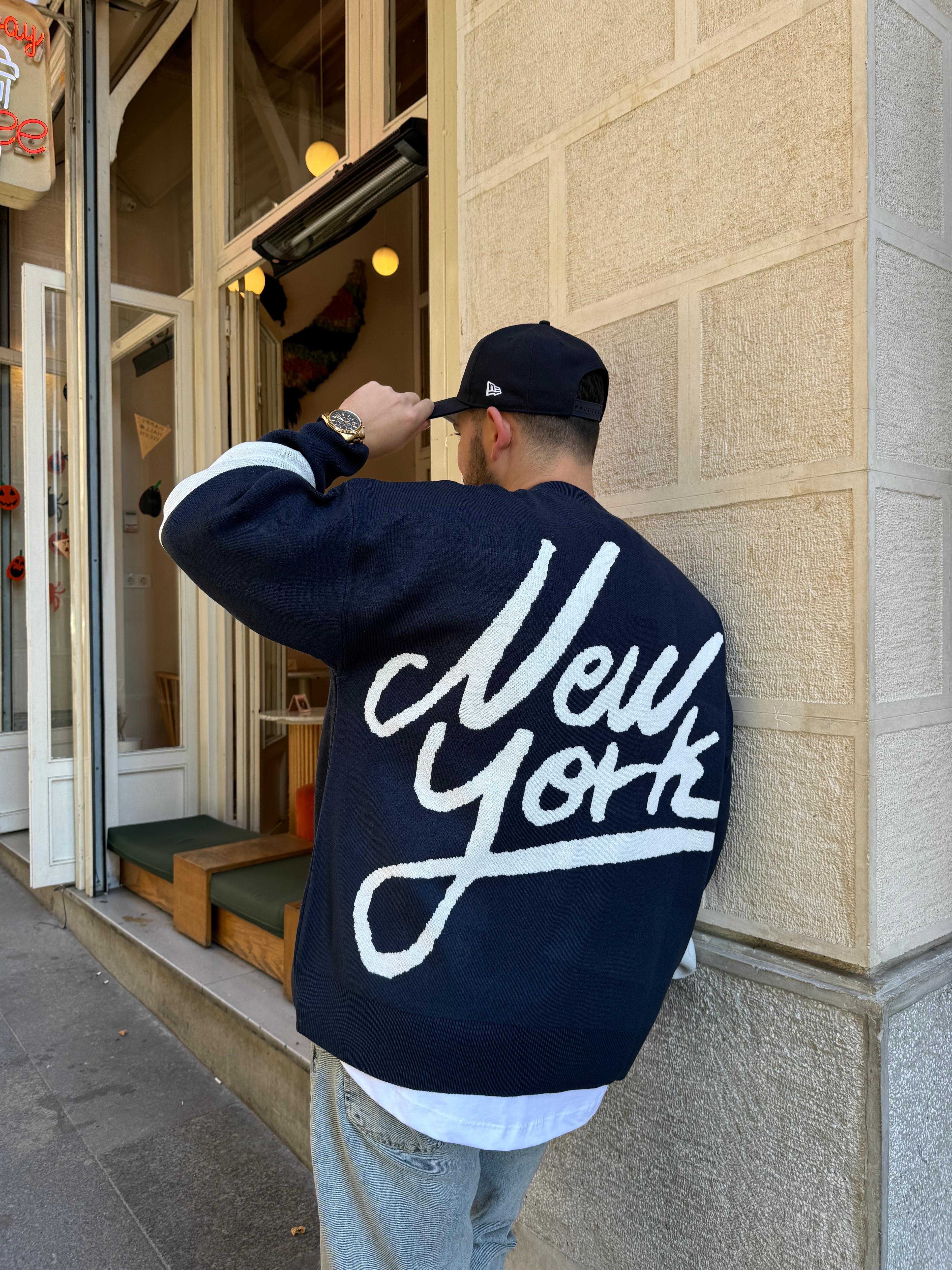 Lacivert New York İşlemeli Oversize Örme Triko Sweatshirt