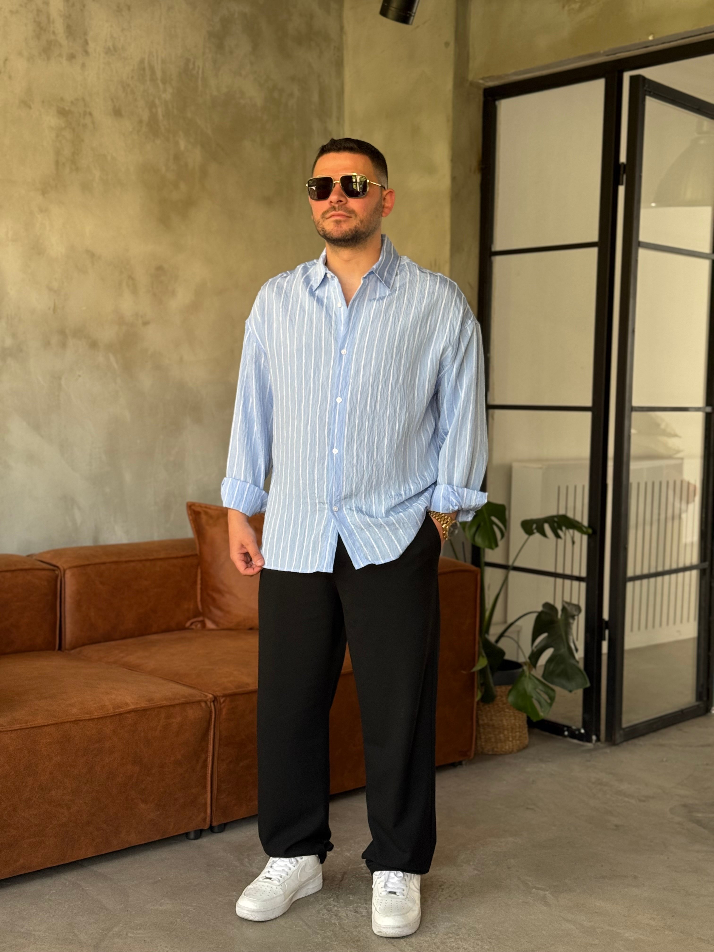Bebe Mavisi Çizgili Oversize Gömlek