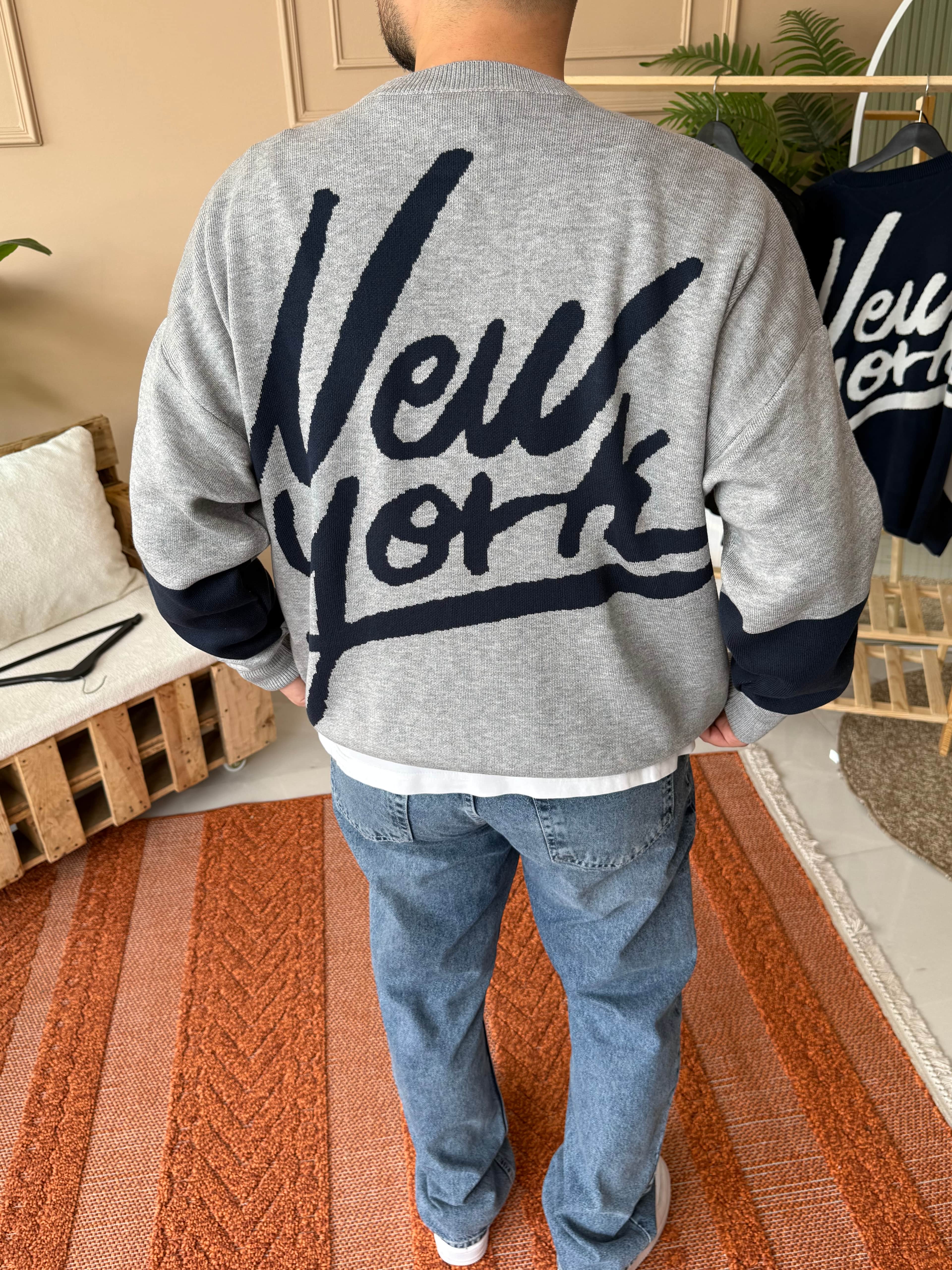 Gri NY Yazılı Oversize Triko Sweatshirt