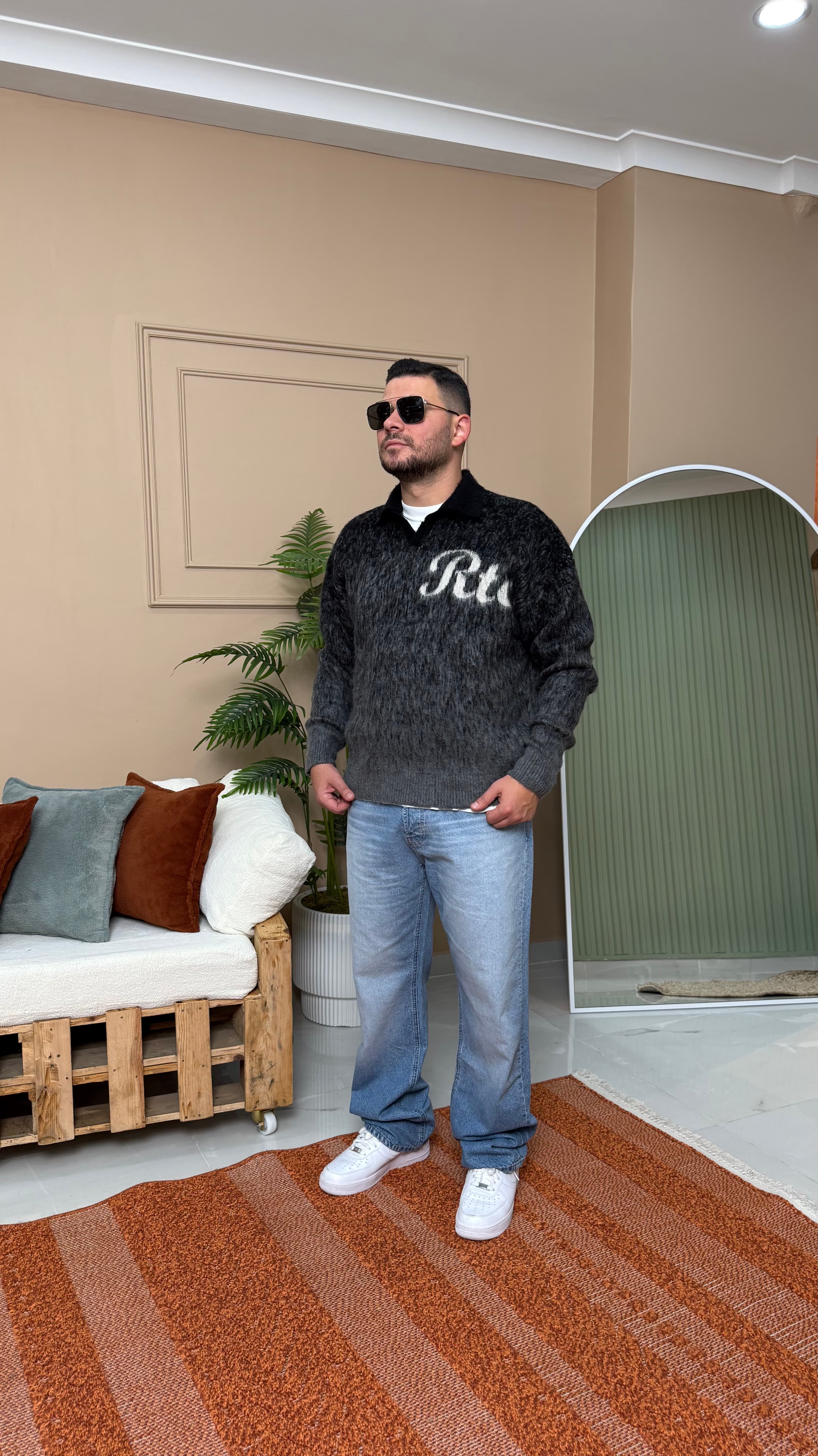 Siyah Oversize RTC Basklı Triko Sweatshirt