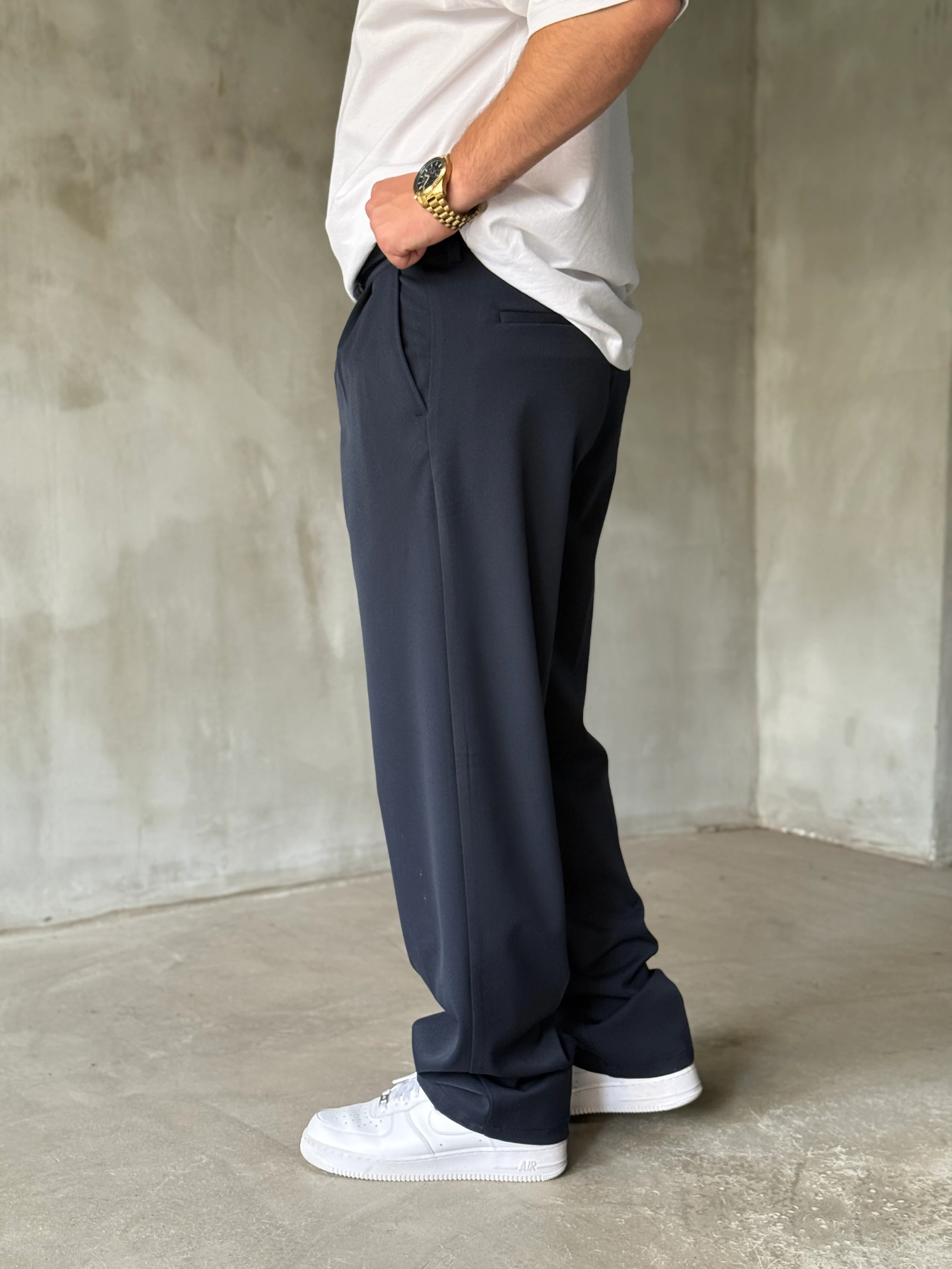 Lacivert Pileli Kışlık Kumaş Baggy Pantolon