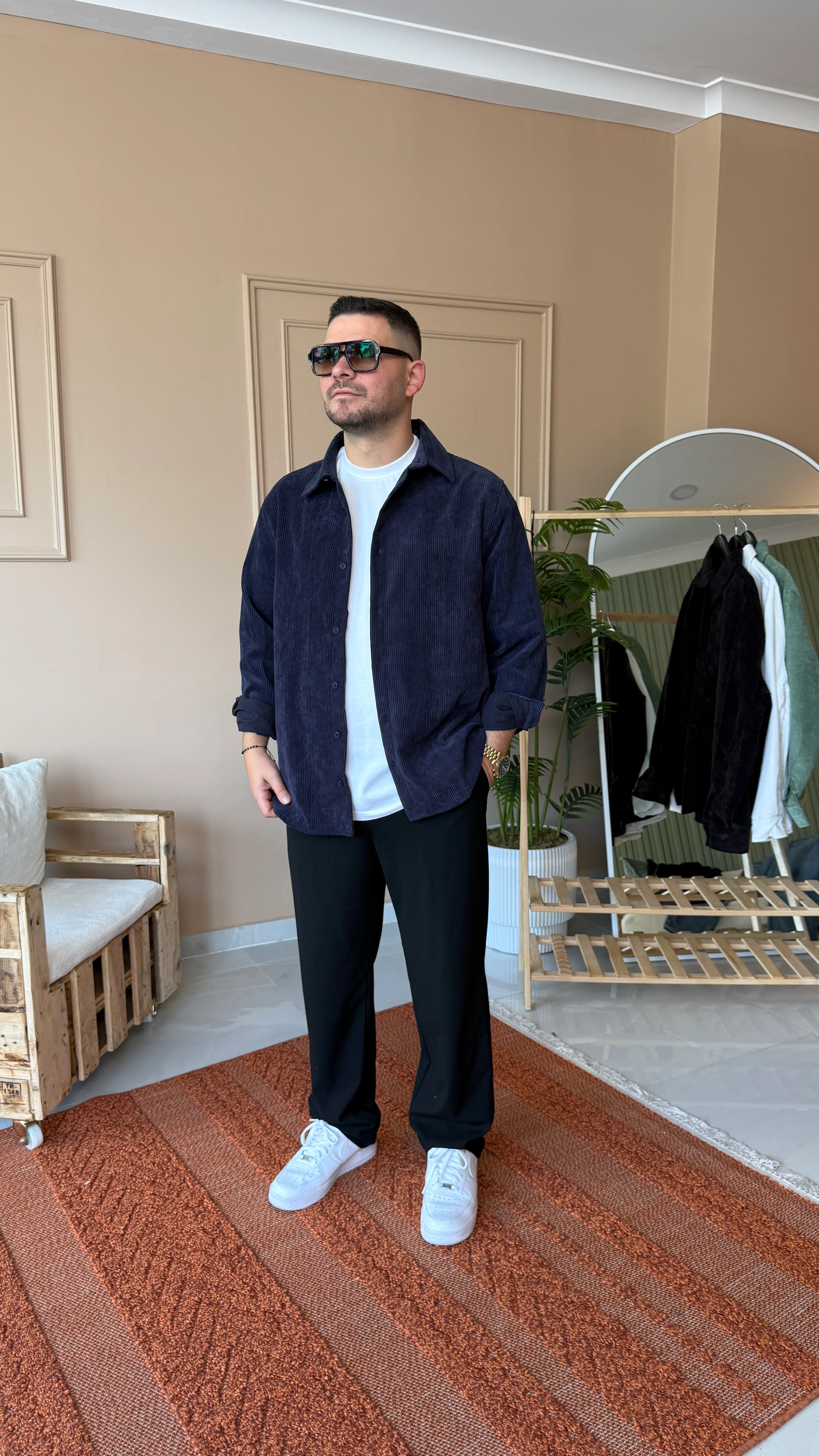 Lacivert Oversize Kadife Gömlek