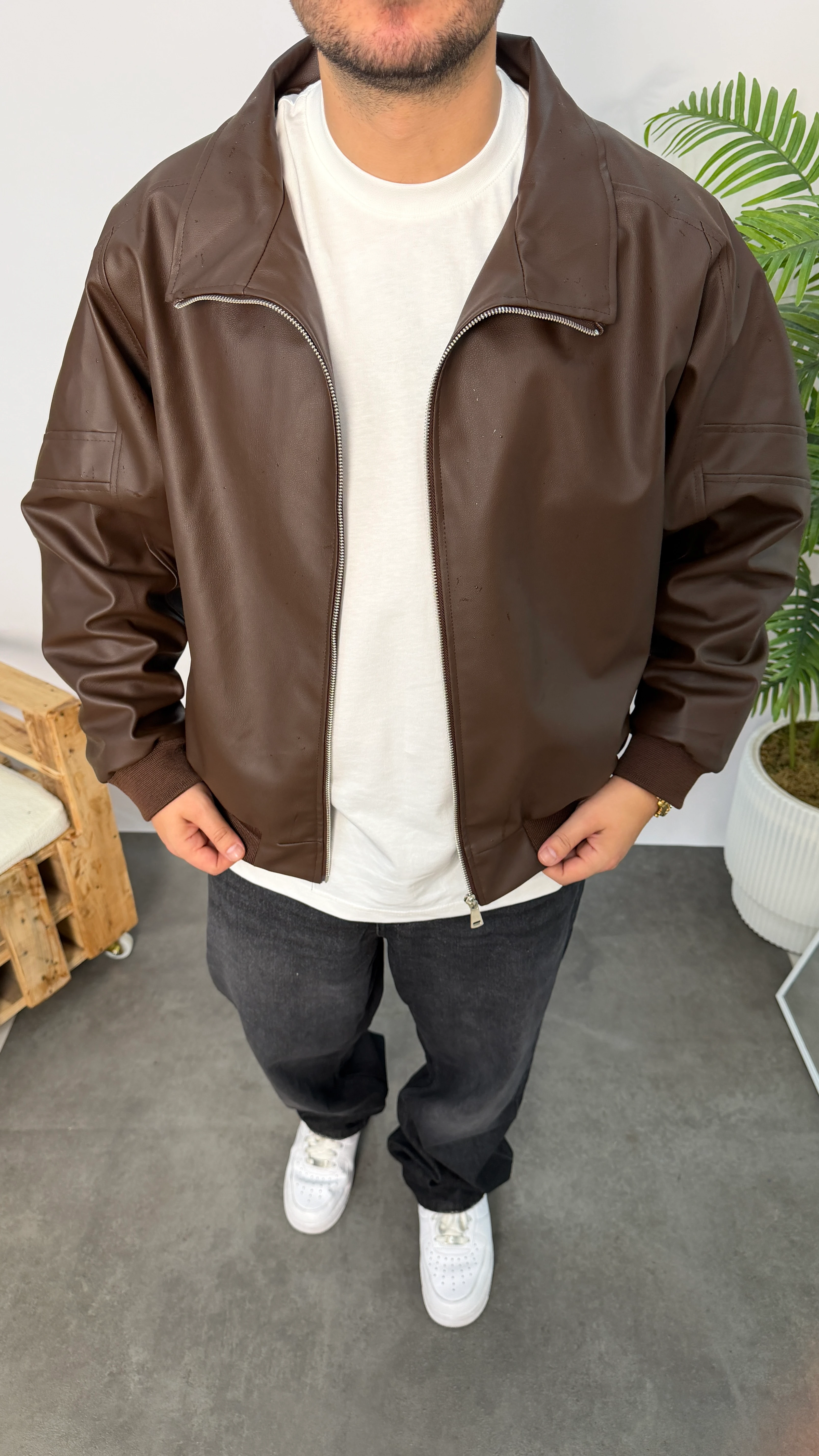 Kahverengi Bomber Kalıp Deri Ceket