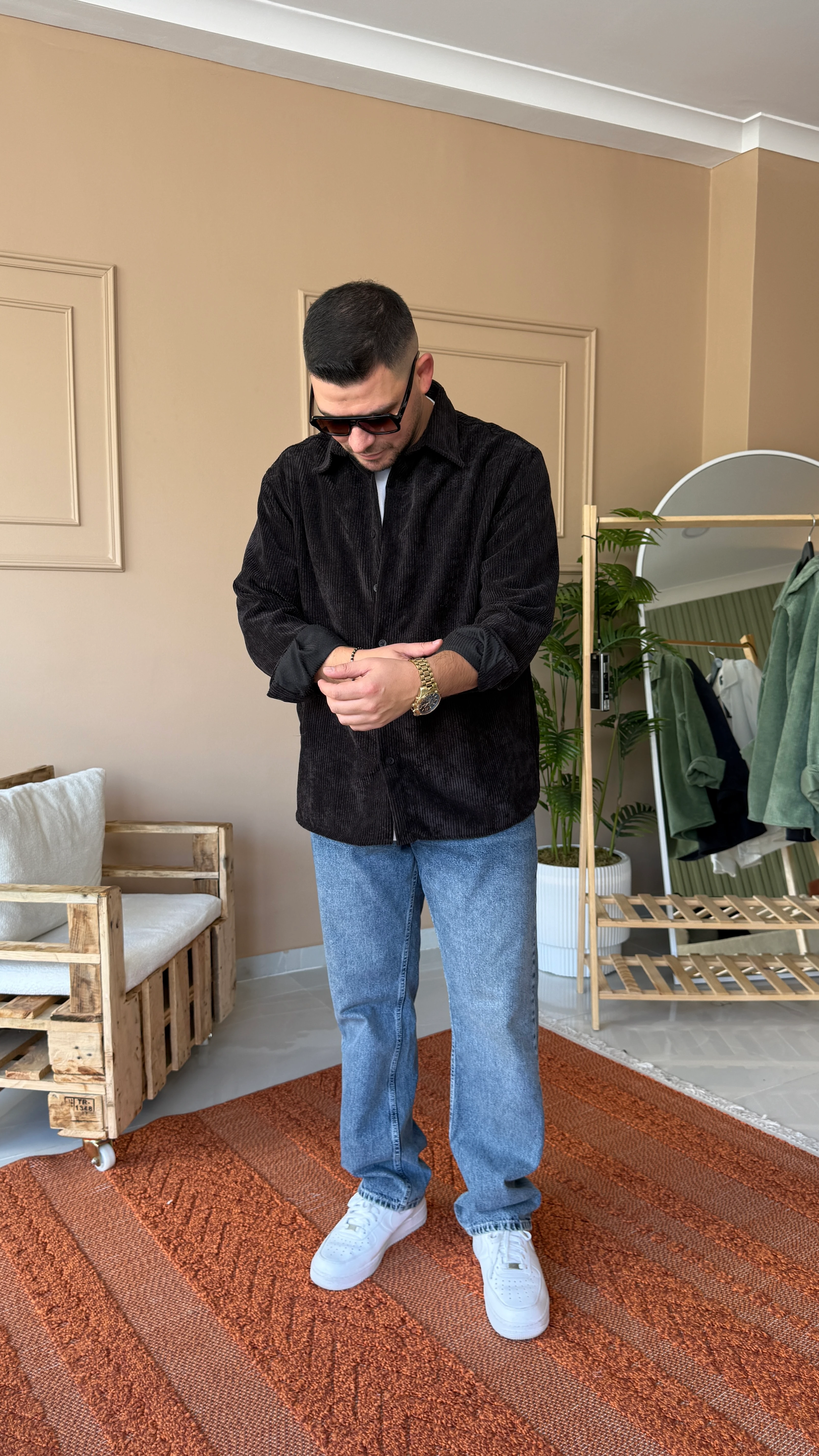 Siyah Oversize Kadife Gömlek