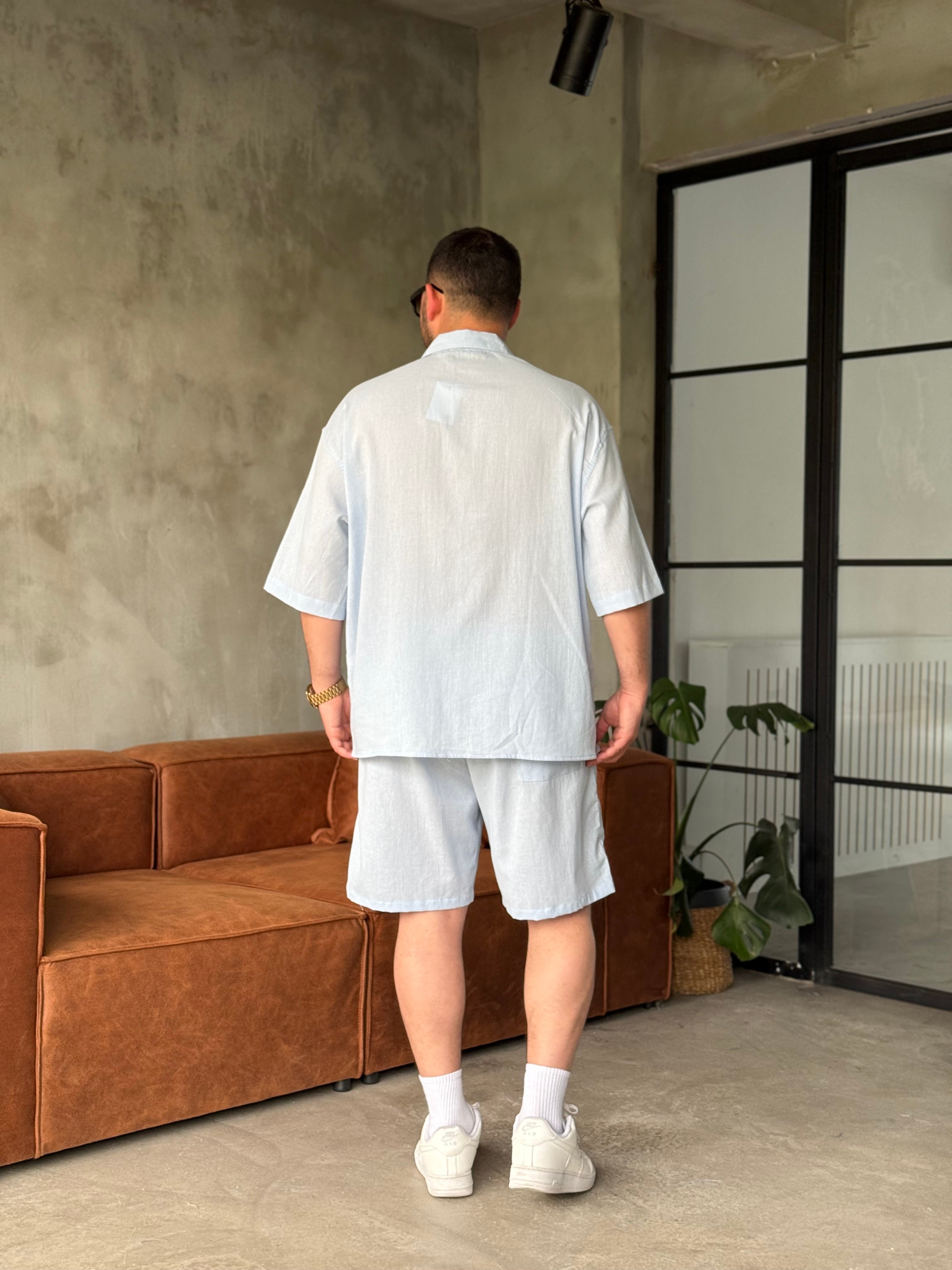 Bebe Mavisi Oversize Şortlu Keten Takım
