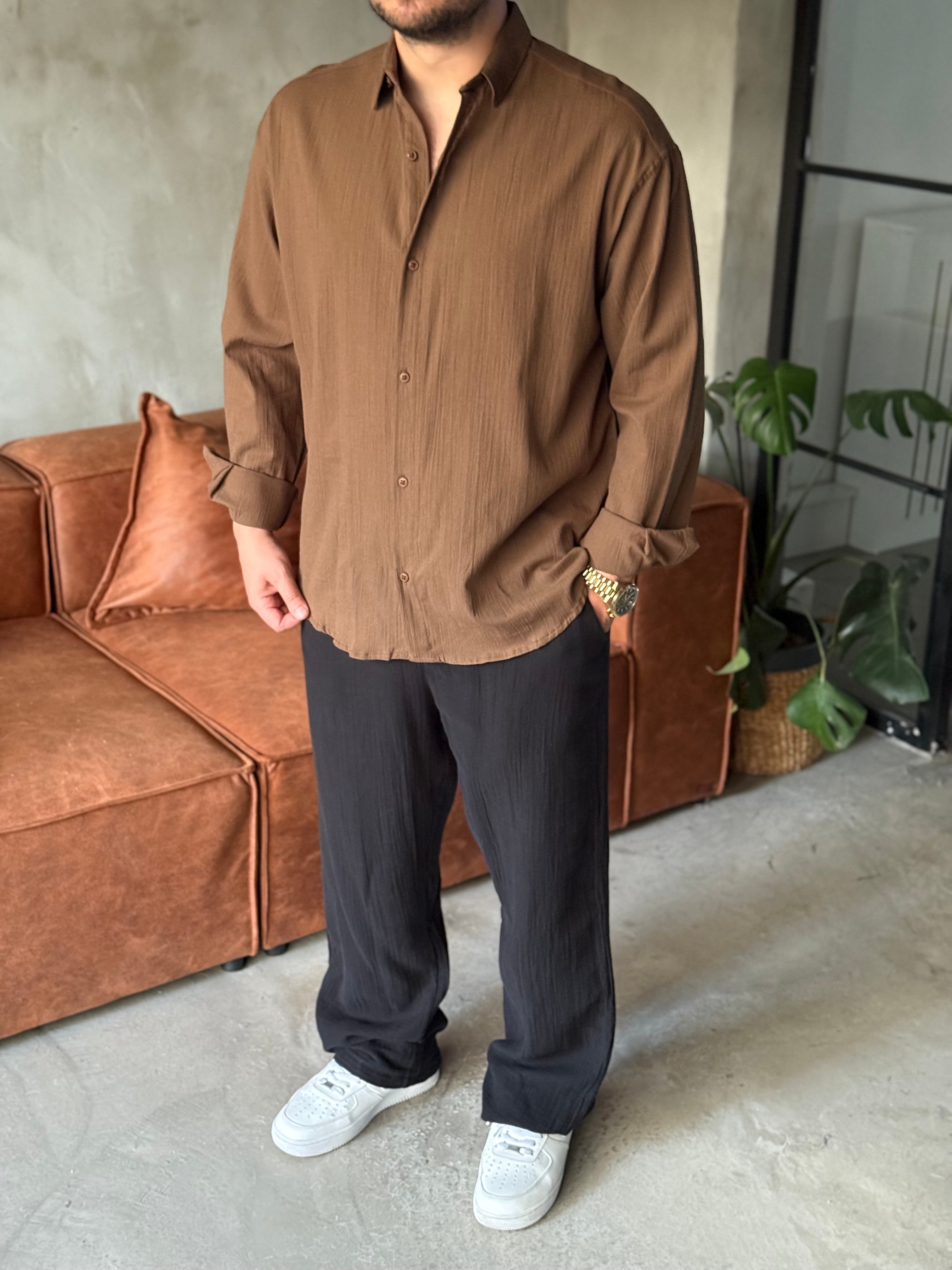 Kahve Keten Oversize Gömlek