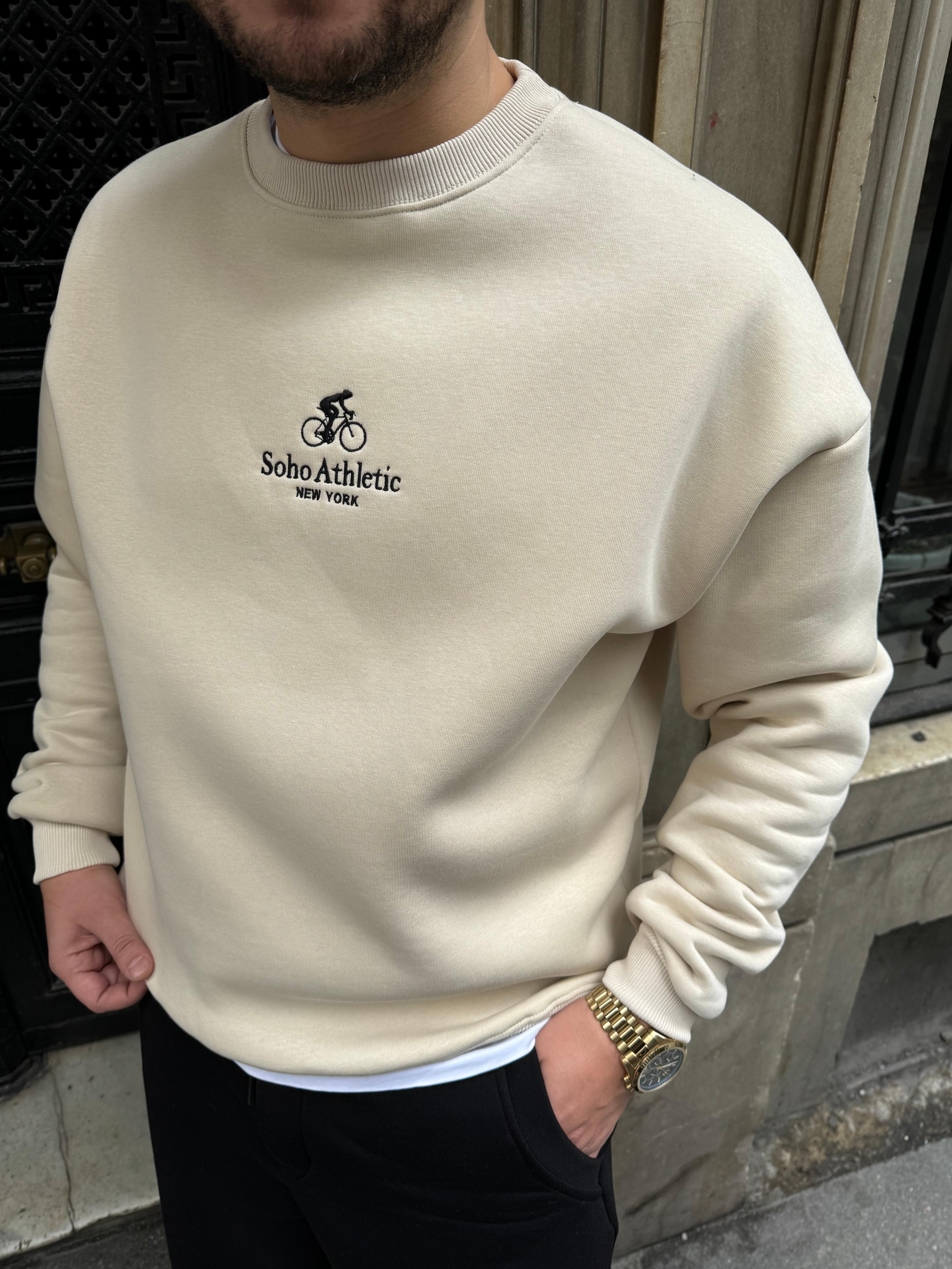 Krem Nakışlı Bisiklet Yaka Oversize Sweatshirt